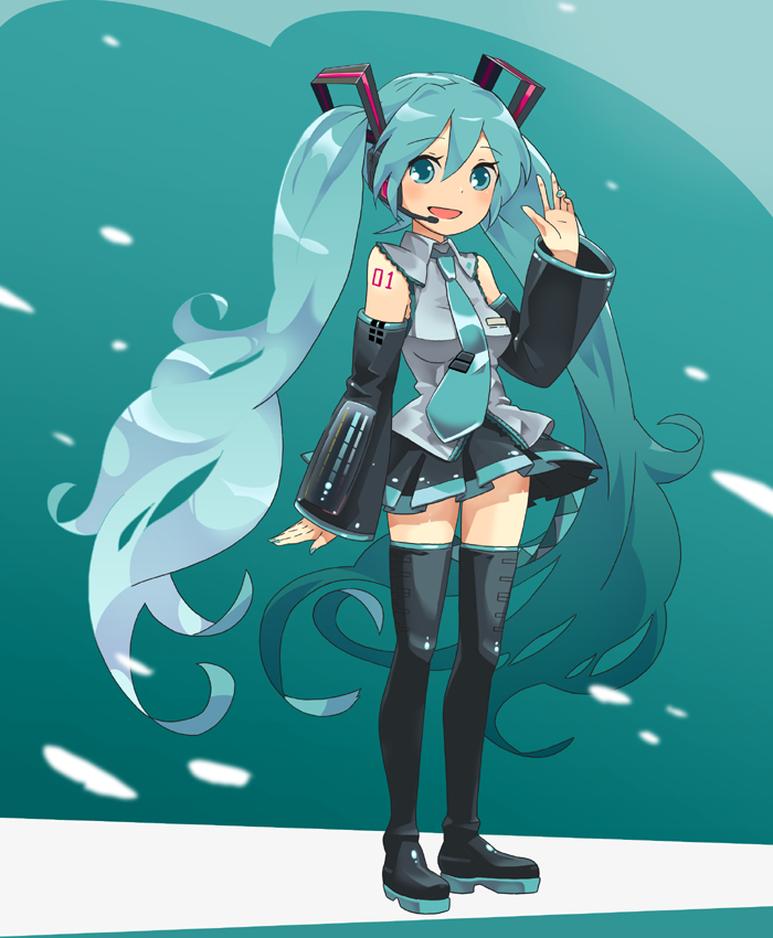ukke, hatsune miku, vocaloid, 1girl, aqua eyes, aqua hair, detached sleeves, female focus, full body, headphones, headset, legs, long hair, necktie, skirt, smile, solo, spring onion, thighhighs, twintails, very long hair, zettai ryouiki