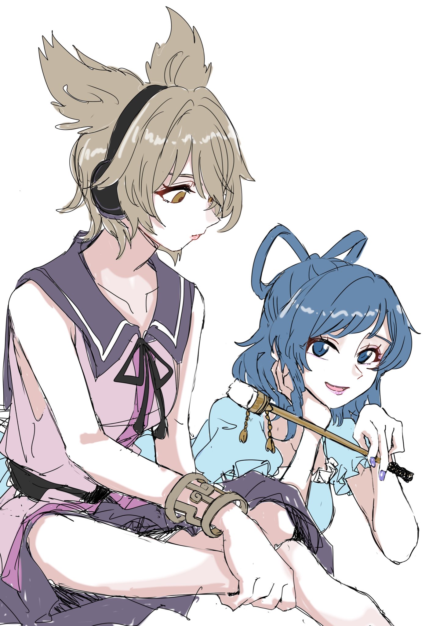 majime na gakuinsei, kaku seiga, toyosatomimi no miko, touhou, highres, 2girls, blue dress, blue eyes, blue hair, brown eyes, brown hair, dress, hair rings, looking at another, multiple girls, purple skirt, sitting, skirt, sleeveless, smile, white background