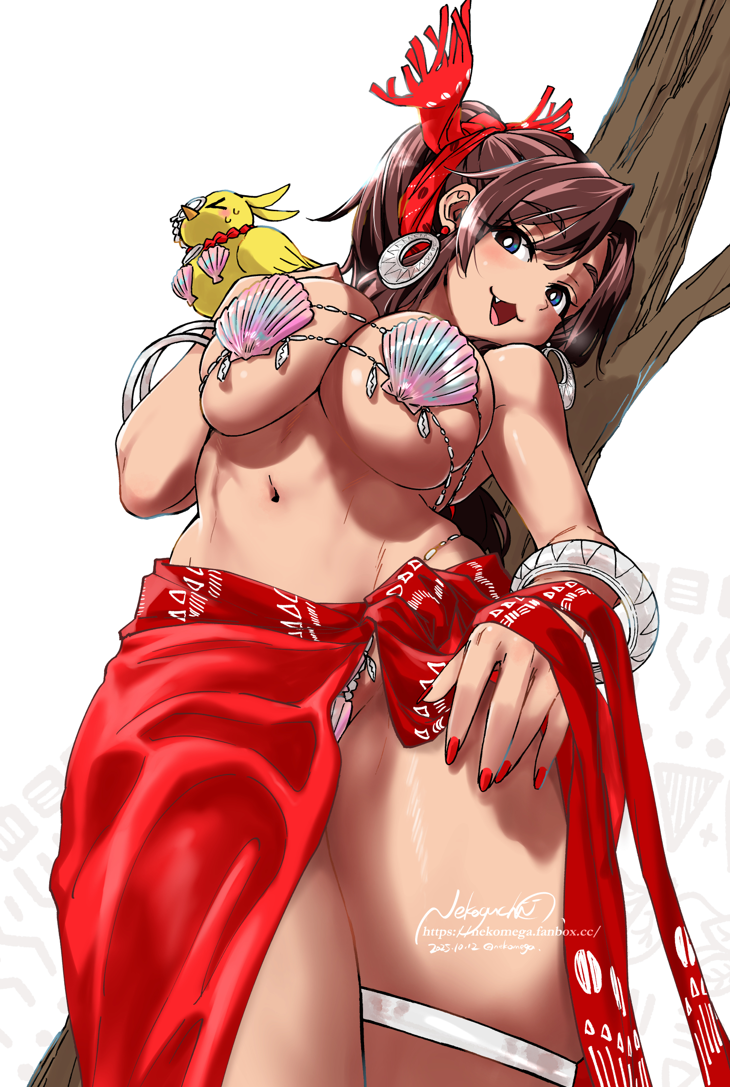 nekoguchi, original, commentary request, highres, 1girl, :3, against tree, animal, animal on shoulder, artist name, bare shoulders, bikini, bird, bird on shoulder, blue eyes, bracelet, breasts, brown hair, dated, earrings, fanbox username, fang, gypsy, hoop earrings, jewelry, large breasts, looking at viewer, mocha (nekoguchi), nail polish, navel, open mouth, parted lips, ponytail, red nails, red sarong, sarong, shell, shell bikini, signature, skindentation, solo, swimsuit, thick thighs, thigh strap, thighs, tree, twitter username, underboob, white background