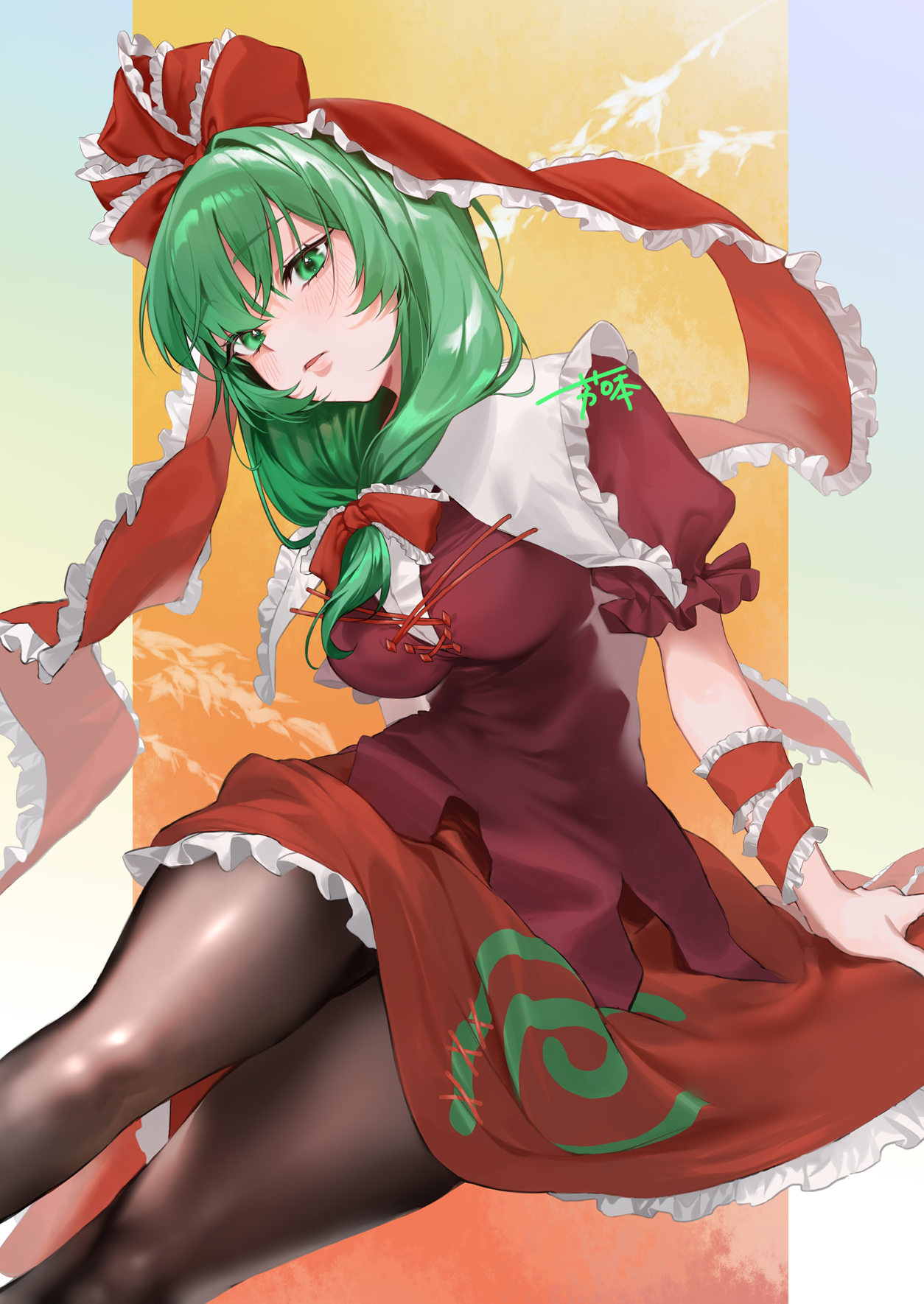 makita (vector1525), kagiyama hina, touhou, commentary request, commission, highres, skeb commission, 1girl, artist name, black pantyhose, bow, breasts, collared dress, dress, feet out of frame, frilled bow, frilled ribbon, frills, front ponytail, green eyes, green hair, hair bow, hair ribbon, looking at viewer, pantyhose, puffy short sleeves, puffy sleeves, red bow, red dress, red ribbon, ribbon, short sleeves, solo, wrist ribbon
