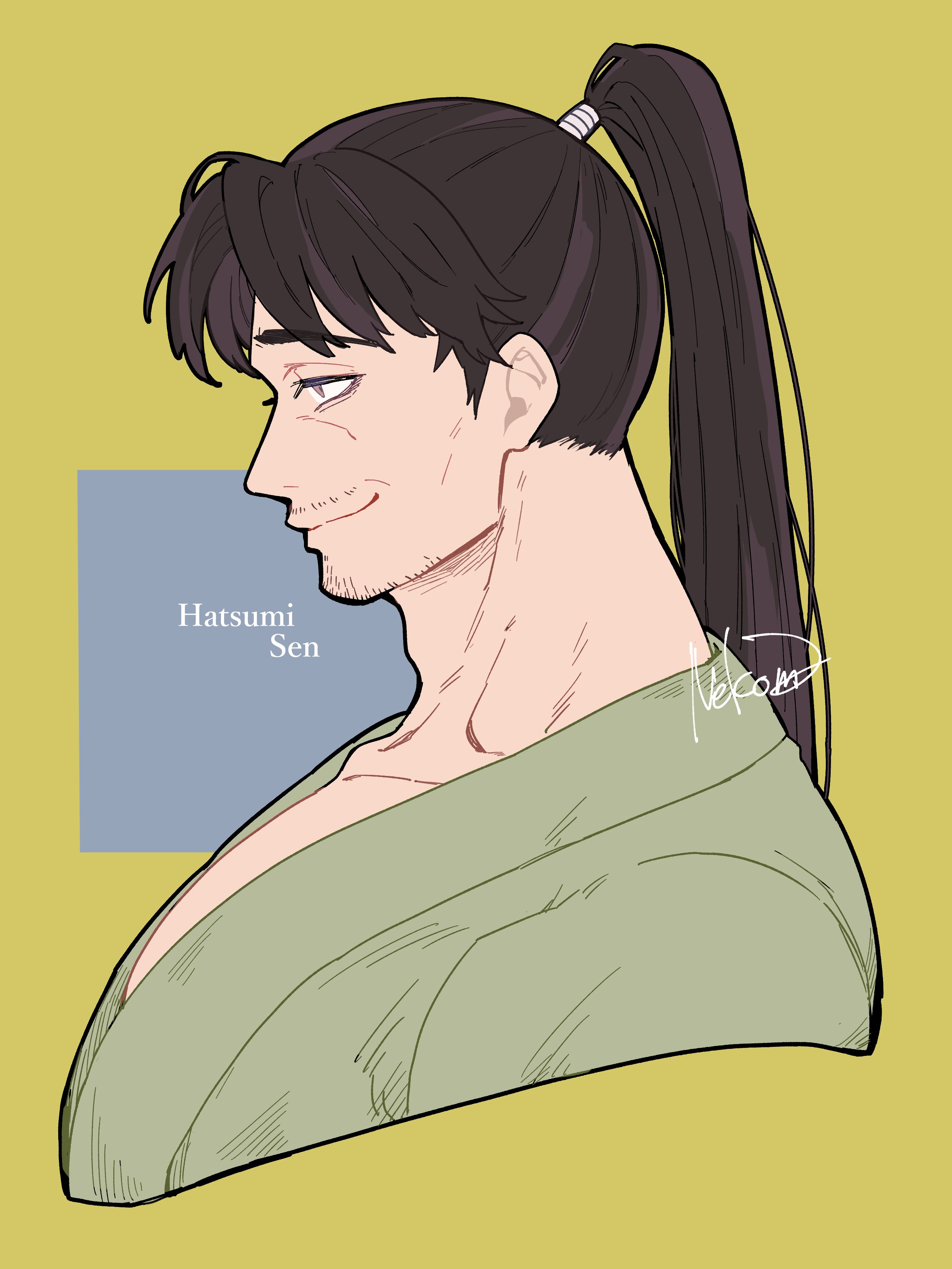nekoma hikaru, kengan (series), kengan ashura, absurdres, commentary request, highres, 1boy, adam's apple, brown hair, character name, closed mouth, collarbone, cropped shoulders, facial hair, hatsumi sen, japanese clothes, male focus, mature male, mustache stubble, ponytail, signature, smile, solo, sparse stubble, stubble