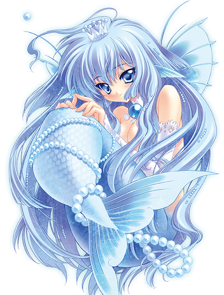 amamiya poran, tenkyuu polan, original, fingers together, bad id, bad pixiv id, 1girl, blue eyes, blue hair, blue theme, breasts, choker, cleavage, crown, detached sleeves, female focus, fins, gem, head fins, knees up, long hair, matching hair/eyes, mermaid, monster girl, nude, pearl (gemstone), scales, simple background, smile, solo, white background
