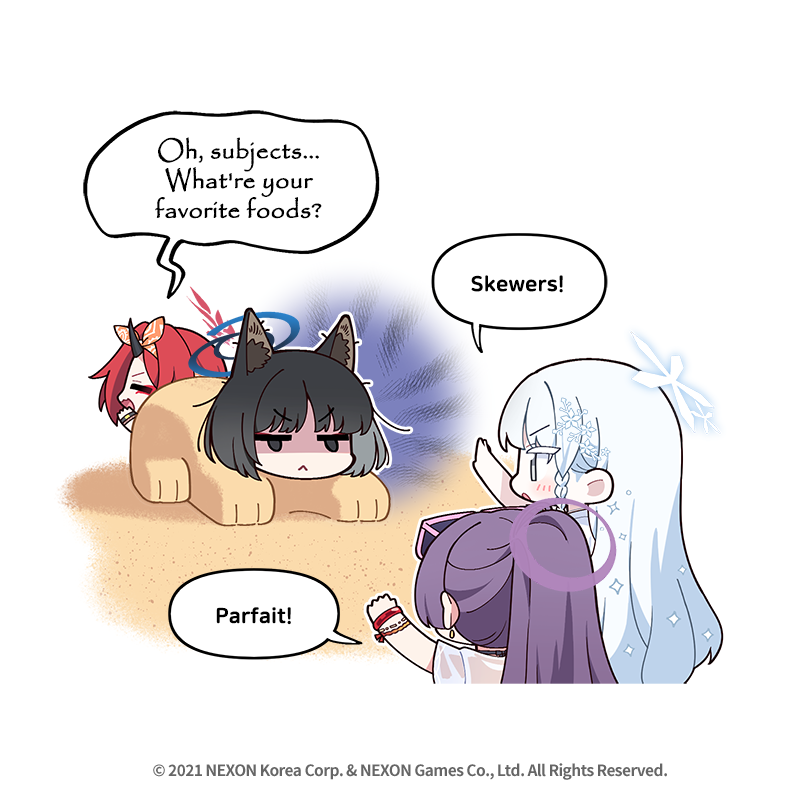 donmin h, kikyou (blue archive), nagusa (blue archive), nagusa (swimsuit) (blue archive), renge (blue archive), renge (swimsuit) (blue archive), yukari (blue archive), yukari (swimsuit) (blue archive), blue archive, commentary, english commentary, official art, 4girls, animal ear fluff, animal ears, black hair, bracelet, braid, chibi, closed mouth, earrings, english text, eyewear on head, frown, glaring, grey hair, halo, horns, jewelry, long hair, multiple girls, no nose, purple hair, purple halo, red hair, sand, shaded face, shirt, short sleeves, single horn, speech bubble, sunglasses, v-shaped eyebrows, white shirt