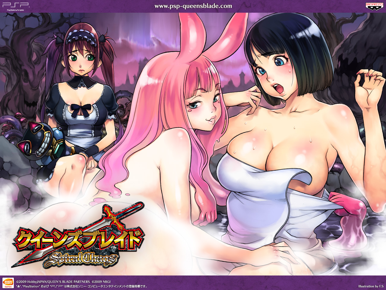 f.s., airi (queen's blade), airi (the infernal temptress), ancient princess menace, melona (queen's blade), menace (queen's blade), protean assassin melona, setra, queen's blade, queen's blade spiral chaos, + +, 00s, 3girls, animal ears, ass, bent over, black hair, blue eyes, blush, blush stickers, breasts, cleavage, green eyes, large breasts, long hair, maid, monster girl, multiple girls, naked towel, naughty face, onsen, open mouth, pink hair, prehensile hair, purple hair, short hair, sitting, slime girl, smile, steam, towel, twintails, undressing, watermark, wet, worried, yuri