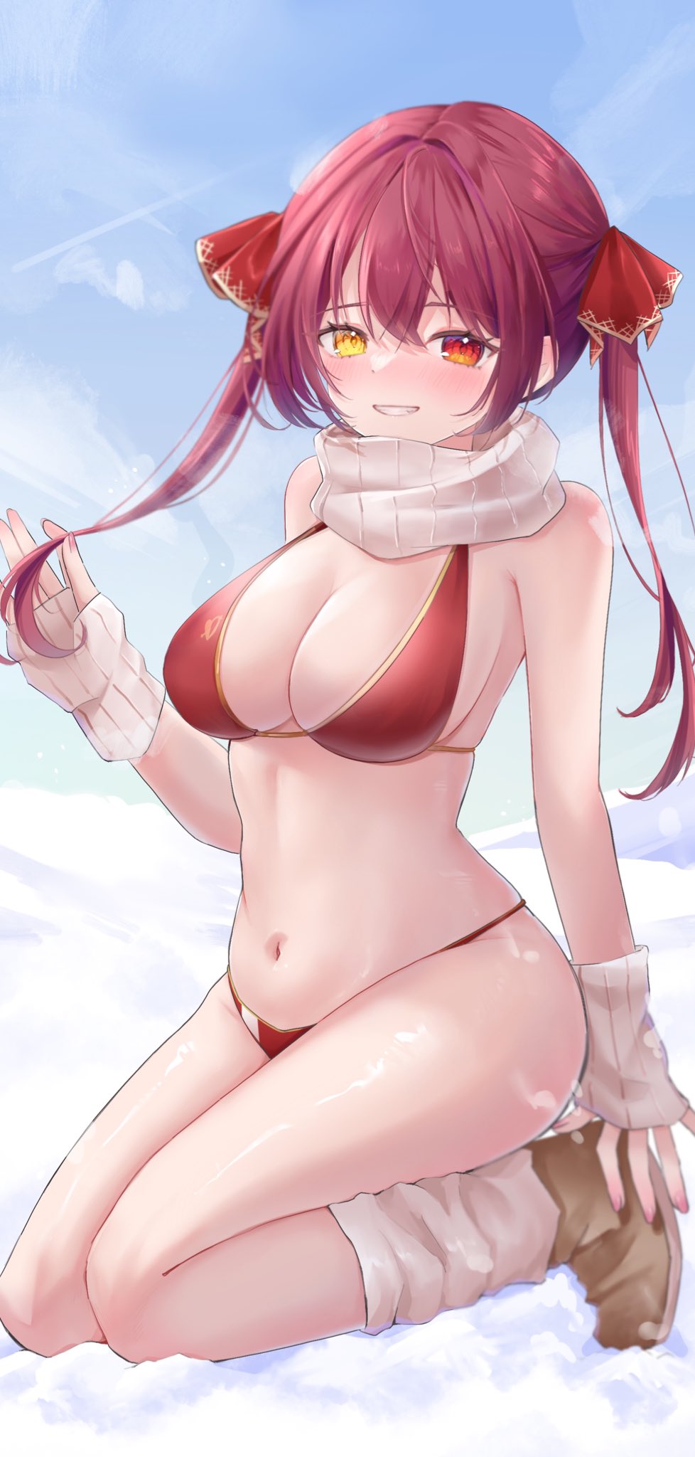 houshou marine, hololive, commentary, highres, symbol-only commentary, 1girl, anko (kp2eom), bikini, blush, breasts, breath, cleavage, full body, heterochromia, kneeling, large breasts, long hair, red bikini, red eyes, red hair, scarf, snow, solo, swimsuit, twintails, virtual youtuber, yellow eyes