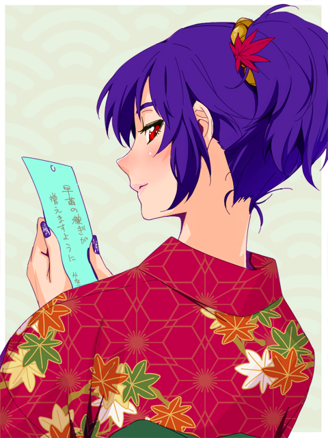 yurikawa, yasaka kanako, touhou, translation request, 1girl, alternate hairstyle, asa no ha (pattern), female focus, from behind, hair ornament, hair up, japanese clothes, kimono, leaf, leaf hair ornament, lips, looking back, nail art, nail polish, nape, neck, purple hair, purple nails, red eyes, seigaiha, short hair, solo, tanabata, tanzaku