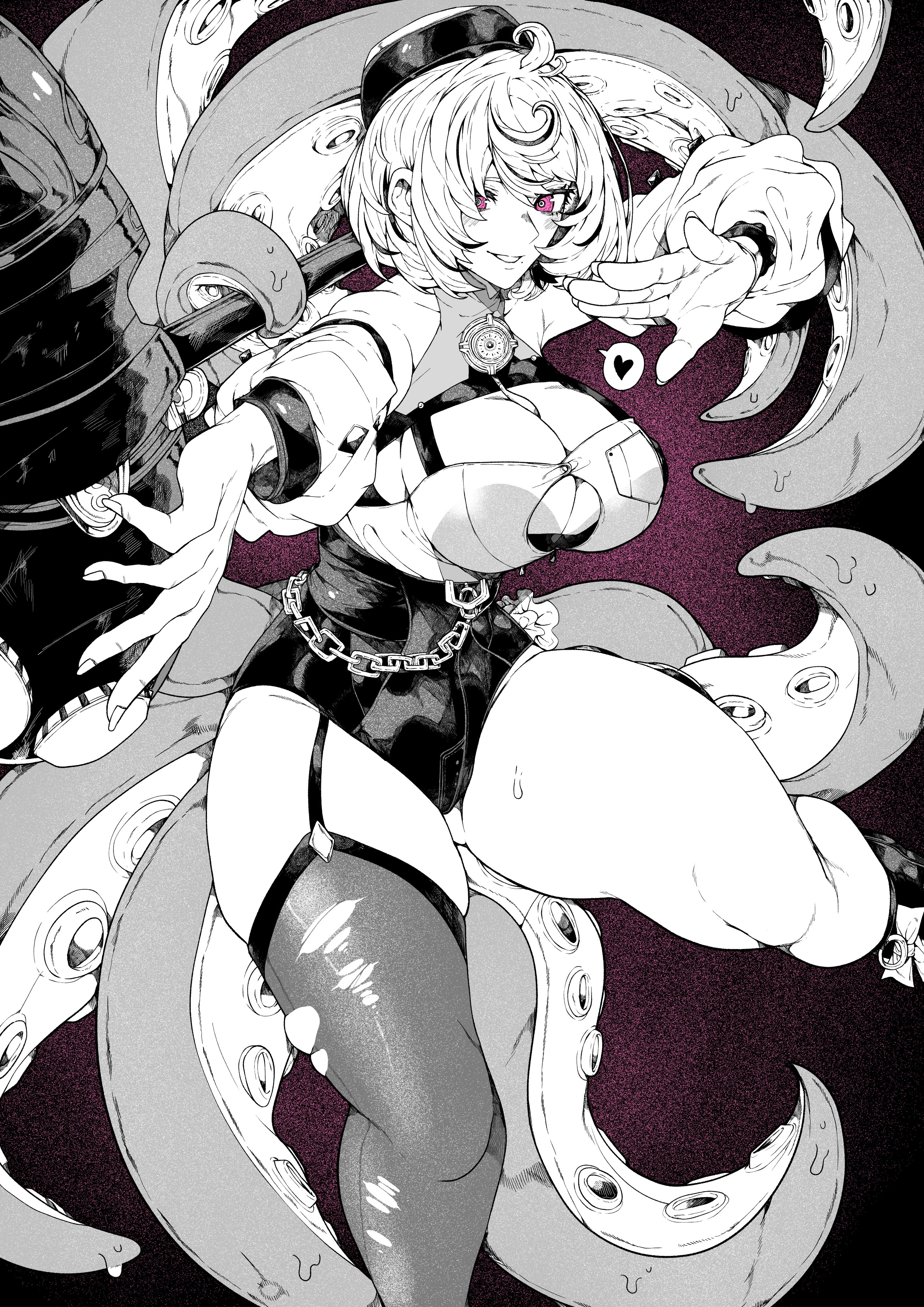 yotsumi shiro, yidhari murphy, zenless zone zero, absurdres, commentary request, highres, 1girl, asymmetrical shorts, bare shoulders, beret, black hat, blush, breasts, button gap, cleavage, cowlick, detached sleeves, feet out of frame, garter straps, greyscale with colored background, hammer, hand up, hat, heart, high-waist shorts, holding, holding behind back, holding hammer, holding weapon behind back, large breasts, mole, mole under mouth, monochrome, purple background, shirt tucked in, short hair, shorts, single garter strap, single thighhigh, slime (substance), solo, spoken heart, suction cups, sweat, tentacle girl, tentacle tail, tentacles, thick thighs, thighhighs, thighs, torn clothes, torn thighhighs