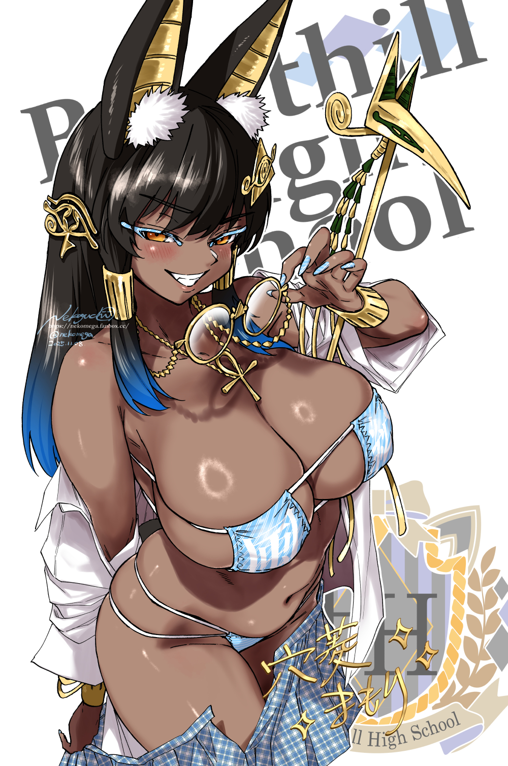 nekoguchi, original, commentary request, highres, 1girl, ancient egyptian, animal ear fluff, animal ears, ankh necklace, artist name, bare shoulders, bikini, black hair, blue hair, blue nails, blue skirt, blush, bracelet, breasts, clenched teeth, colored eyelashes, colored tips, cowboy shot, dark-skinned female, dark skin, dated, eye hair ornament, eye of horus, eyepatch bikini, fanbox username, fingernails, gold bracelet, hair ornament, hair tubes, holding, holding removed eyewear, jackal ears, jackal girl, jewelry, large breasts, long fingernails, looking at viewer, miniskirt, multi-strapped bikini bottom, multicolored hair, nail polish, navel, orange eyes, pleated skirt, shirt, skirt, smile, solo, swimsuit, teeth, twitter username, two-tone hair, undressing, unworn eyewear, white background, white shirt, yellow-framed eyewear