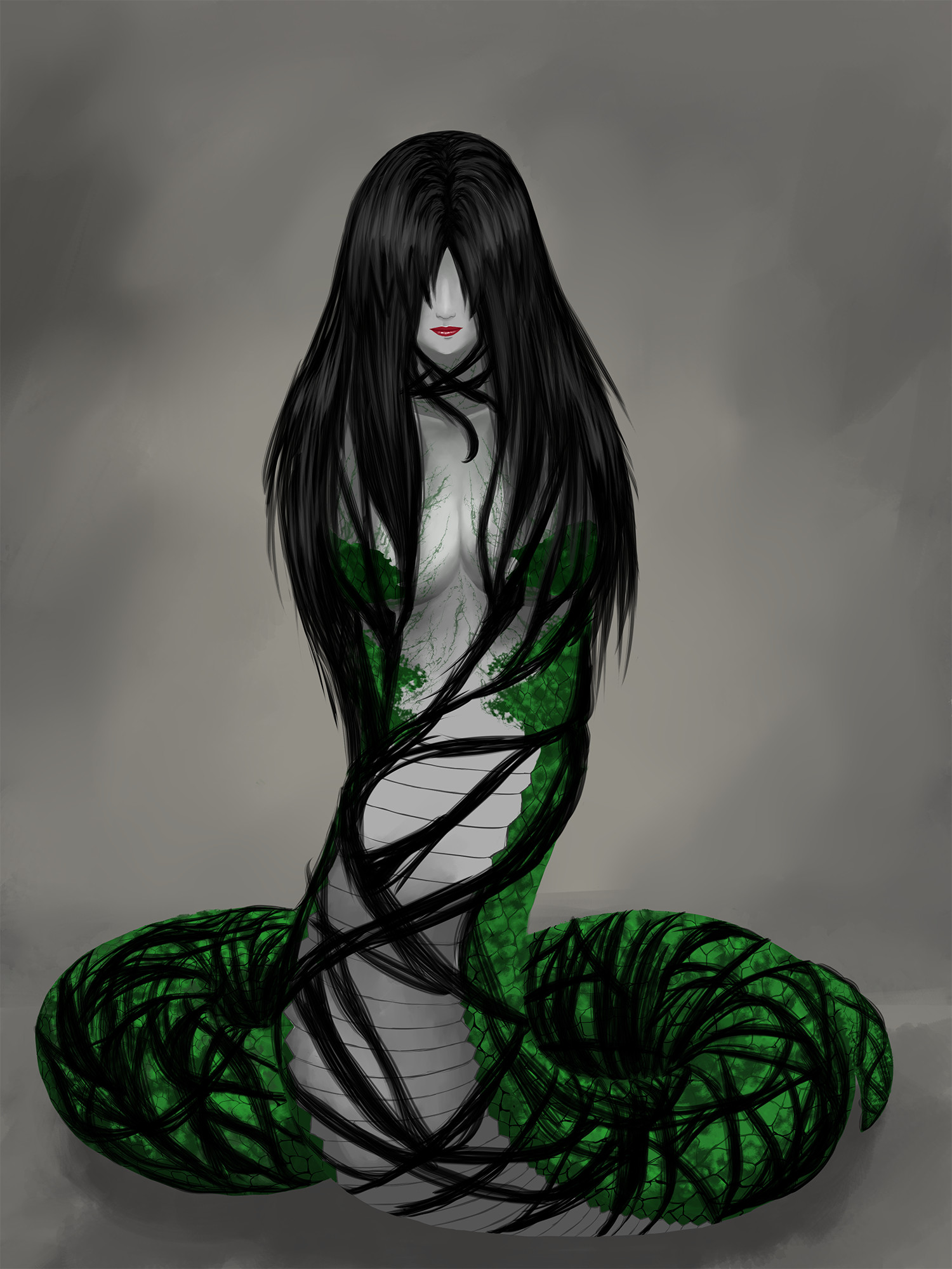nure-onna (nioh), nioh 2, highres, black hair, colored skin, completely nude, covered eyes, expressionless, gradient background, grey background, grey skin, hair bondage, hair over breasts, hair over eyes, icelsalation, lips, long hair, looking at viewer, nude, nure onna, red lips, smoke, snake, snake girl, snake tail, tail