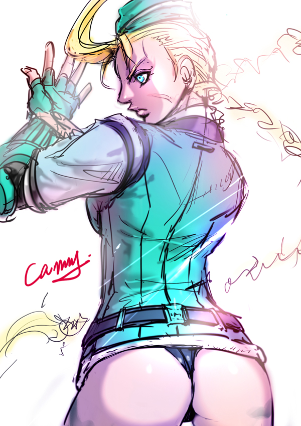 yumeji kiriko, cammy white, capcom, street fighter, bad id, bad pixiv id, ass, belt, blonde hair, blue eyes, braid, fingerless gloves, garrison cap, gloves, hat, leotard, long hair, scar, solo, thong leotard, twin braids