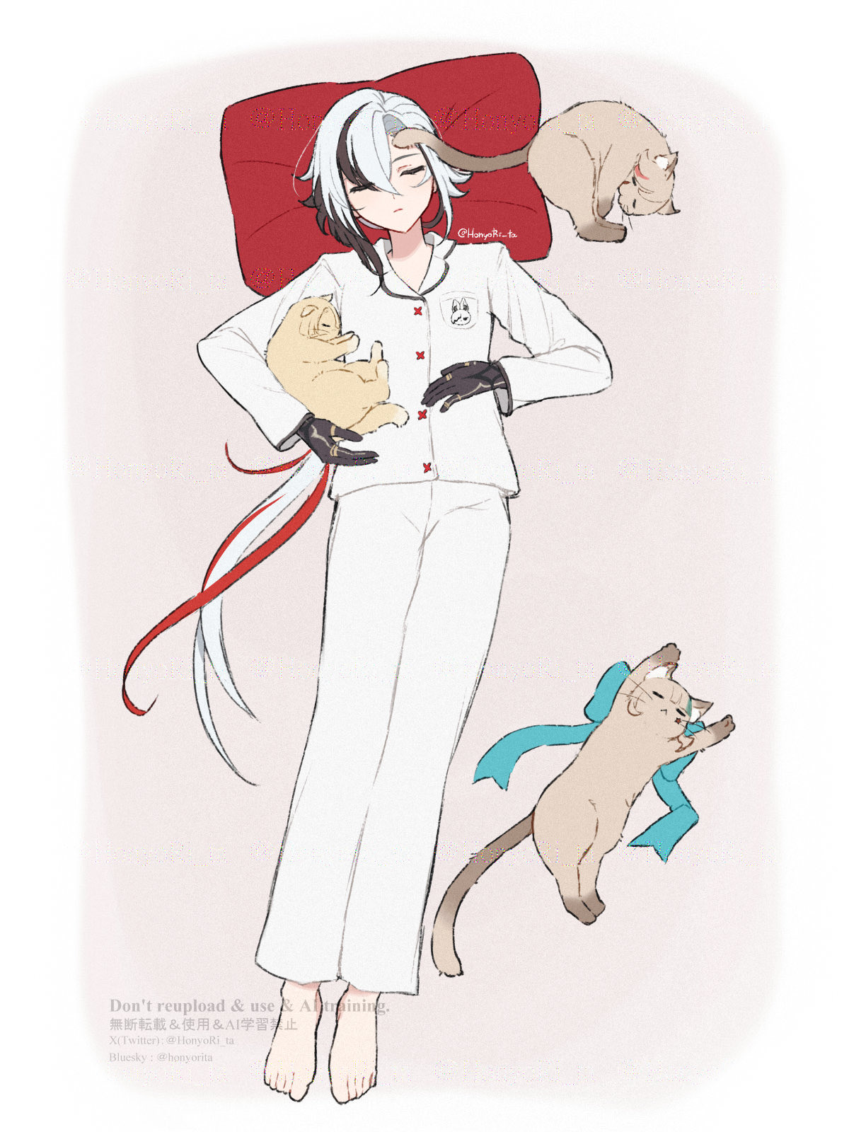 hn (honyori ta), arlecchino (genshin impact), freminet (genshin impact), lynette (genshin impact), lyney (genshin impact), genshin impact, commentary, highres, symbol-only commentary, 1girl, animalization, aqua ribbon, barefoot, black hair, black hands, cat, closed eyes, colored extremities, full body, grey hair, hair between eyes, long hair, multicolored hair, pajamas, pillow, ponytail, ribbon, sleeping, streaked hair, white pajamas