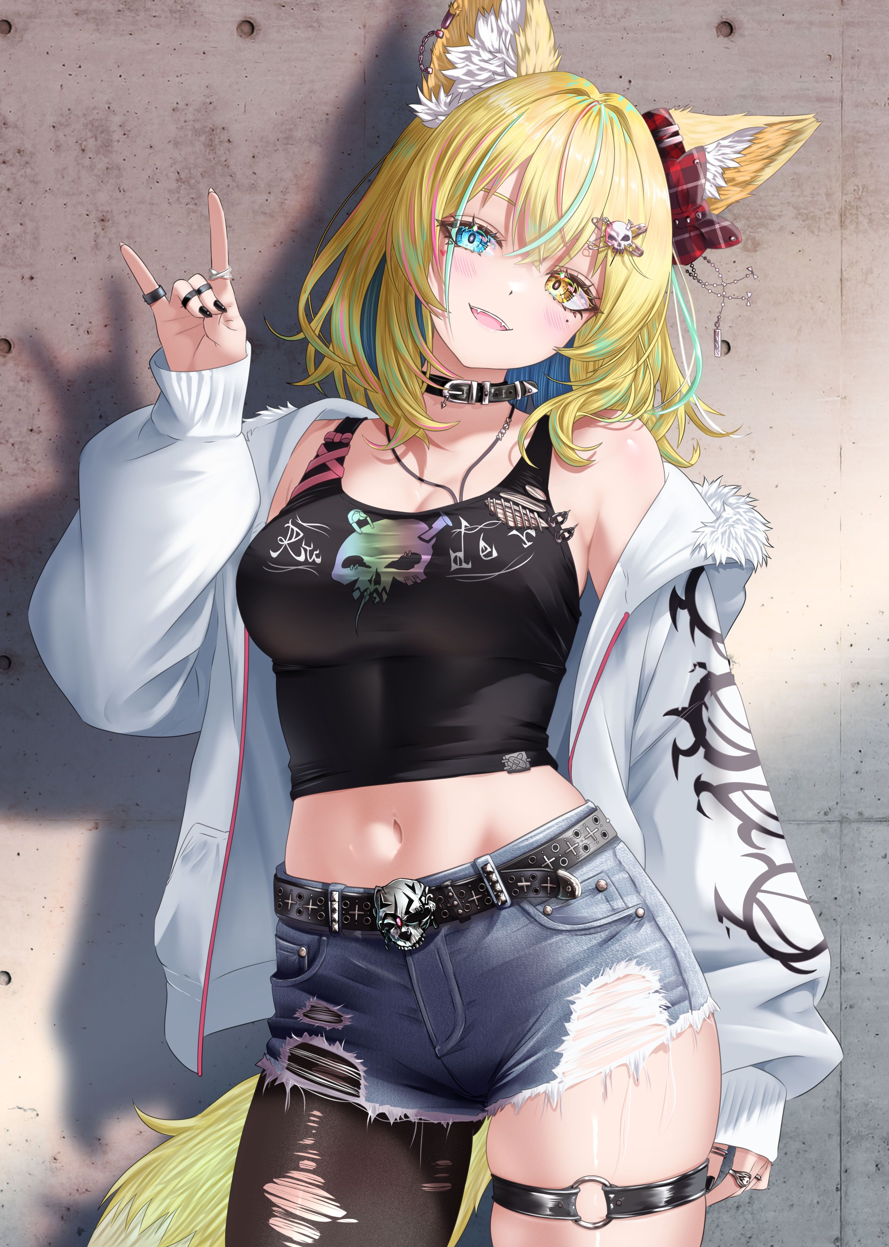 nanaki24, original, absurdres, commentary request, highres, 1girl, animal ears, bare shoulders, belt, black choker, black nails, black shirt, blonde hair, blue eyes, blue shorts, bow, breasts, brown pantyhose, choker, colored inner hair, cowboy shot, crop top, cutoffs, denim, denim shorts, fangs, fox ears, fox girl, fox shadow puppet, fox tail, gluteal fold, hair bow, hair ornament, hairclip, heterochromia, jacket, jewelry, large breasts, long hair, long sleeves, looking at viewer, midriff, mole, mole under eye, multicolored hair, nail polish, navel, necklace, off shoulder, open mouth, pantyhose, ring, shirt, short shorts, shorts, single leg pantyhose, skindentation, sleeveless, sleeveless shirt, smile, solo, stomach, streaked hair, tail, tank top, taut clothes, taut shirt, thigh strap, thighs, torn clothes, torn pantyhose, torn shorts, white jacket, yellow eyes