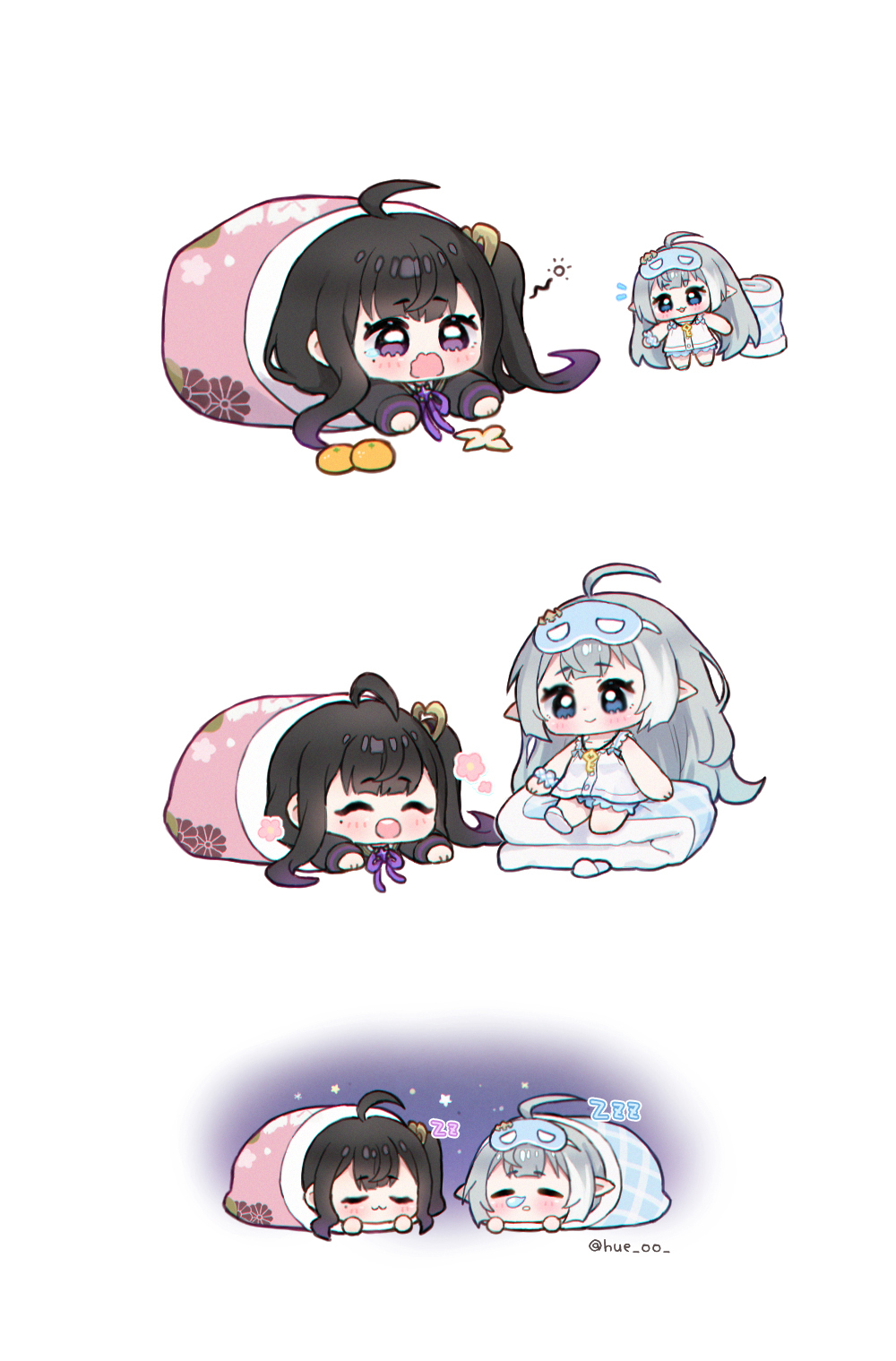 hue oo, chitose (stella sora), female tyrant (stella sora), tyrant (stella sora), stella sora, commentary, highres, symbol-only commentary, 2girls, :3, :d, ^ ^, ahoge, bare shoulders, black hair, blue eyes, blunt bangs, blush, chibi, chibi only, closed eyes, closed mouth, dress, flying sweatdrops, grey hair, long hair, lying, multiple girls, on stomach, one side up, open mouth, pointy ears, purple eyes, sidelocks, simple background, sitting, sleep mask, sleeping, sleeveless, sleeveless dress, smile, standing, tears, twitter username, under covers, very long hair, white background, white dress, zzz