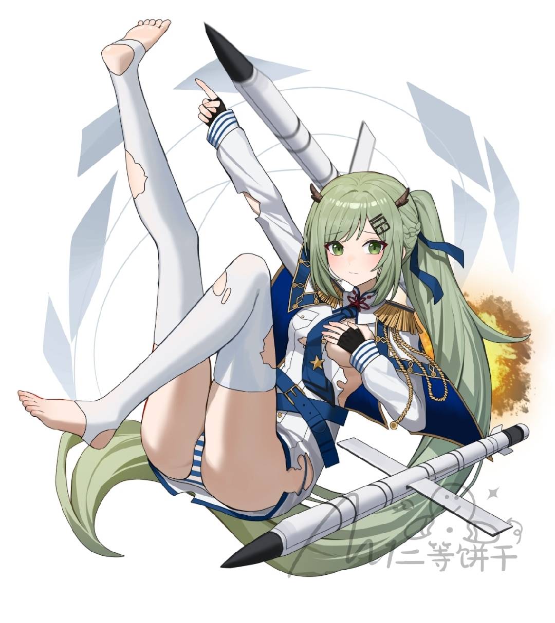 simobulanka, an shan (azur lane), azur lane, commentary request, highres, 1girl, aiguillette, barefoot, blue panties, covering breasts, covering privates, crotch seam, dragon horns, epaulettes, fallen down, green eyes, green hair, high ponytail, horns, military uniform, missile, naval uniform, nervous, one breast out, panties, pantyshot, pointing, pointing up, ponytail, striped clothes, striped panties, thighhighs, torn clothes, torn thighhighs, underwear, weapon, white background, white thighhighs