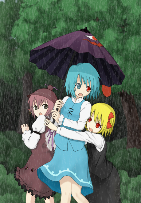 azusa-52, mystia lorelei, rumia, tatara kogasa, touhou, 3girls, blonde hair, blue hair, bow, dress, dress shirt, earrings, female focus, forest, green eyes, hat, heterochromia, hug, jewelry, karakasa obake, multiple girls, nature, piercing, purple hair, rain, red eyes, shirt, tongue, tree, umbrella, vest, wings