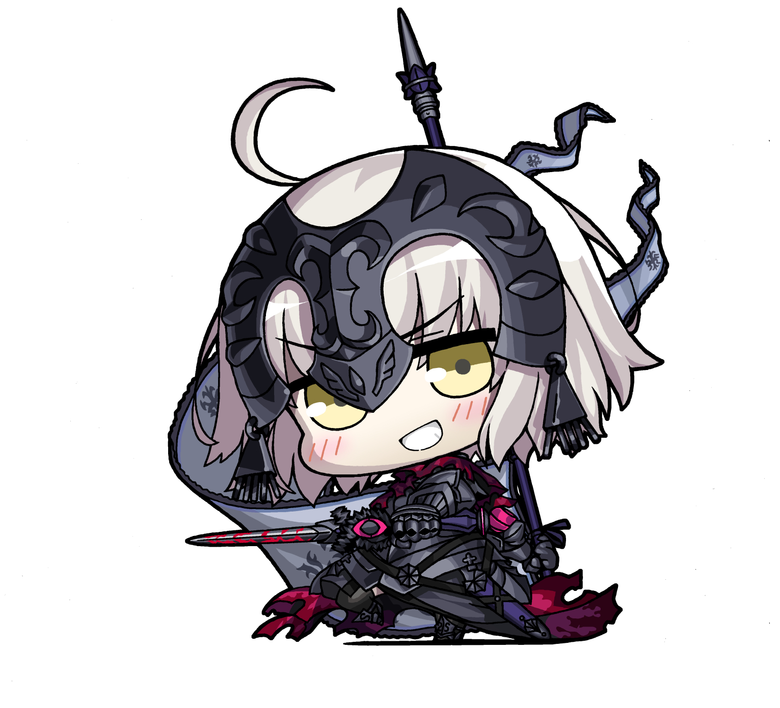yagumo kengou, jeanne d'arc alter (avenger) (fate), jeanne d'arc alter (avenger) (first ascension) (fate), jeanne d'arc alter (fate), fate/grand order, fate (series), commentary request, highres, 1girl, ahoge, armor, armored dress, banner, black thighhighs, chibi, chibi only, dress, gauntlets, grey hair, grin, headpiece, holding, holding weapon, la grondement du haine, looking at viewer, short hair, simple background, smile, solo, thighhighs, weapon, white background, yellow eyes