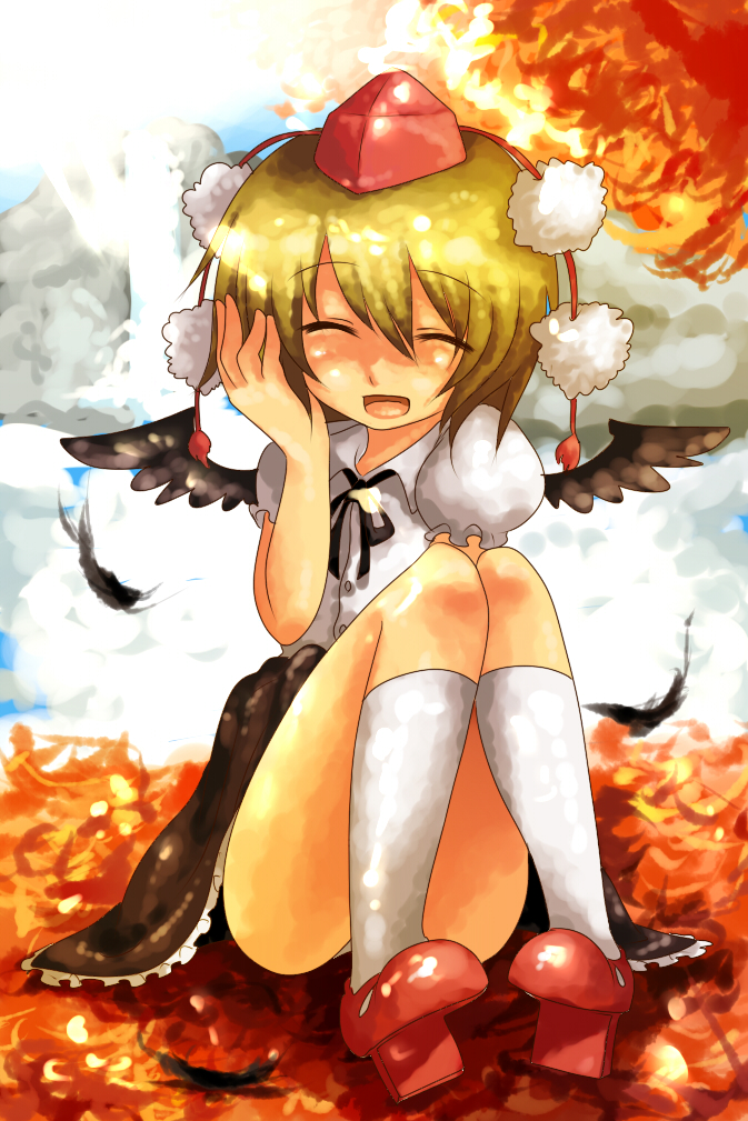 harusame (unmei no ikasumi), lunasa prismriver, shameimaru aya, touhou, 1girl, black wings, blonde hair, closed eyes, cosplay, female focus, geta, hat, open mouth, panties, pantyshot, shameimaru aya (cosplay), short hair, sitting, smile, socks, solo, tengu-geta, tokin hat, underwear, wings