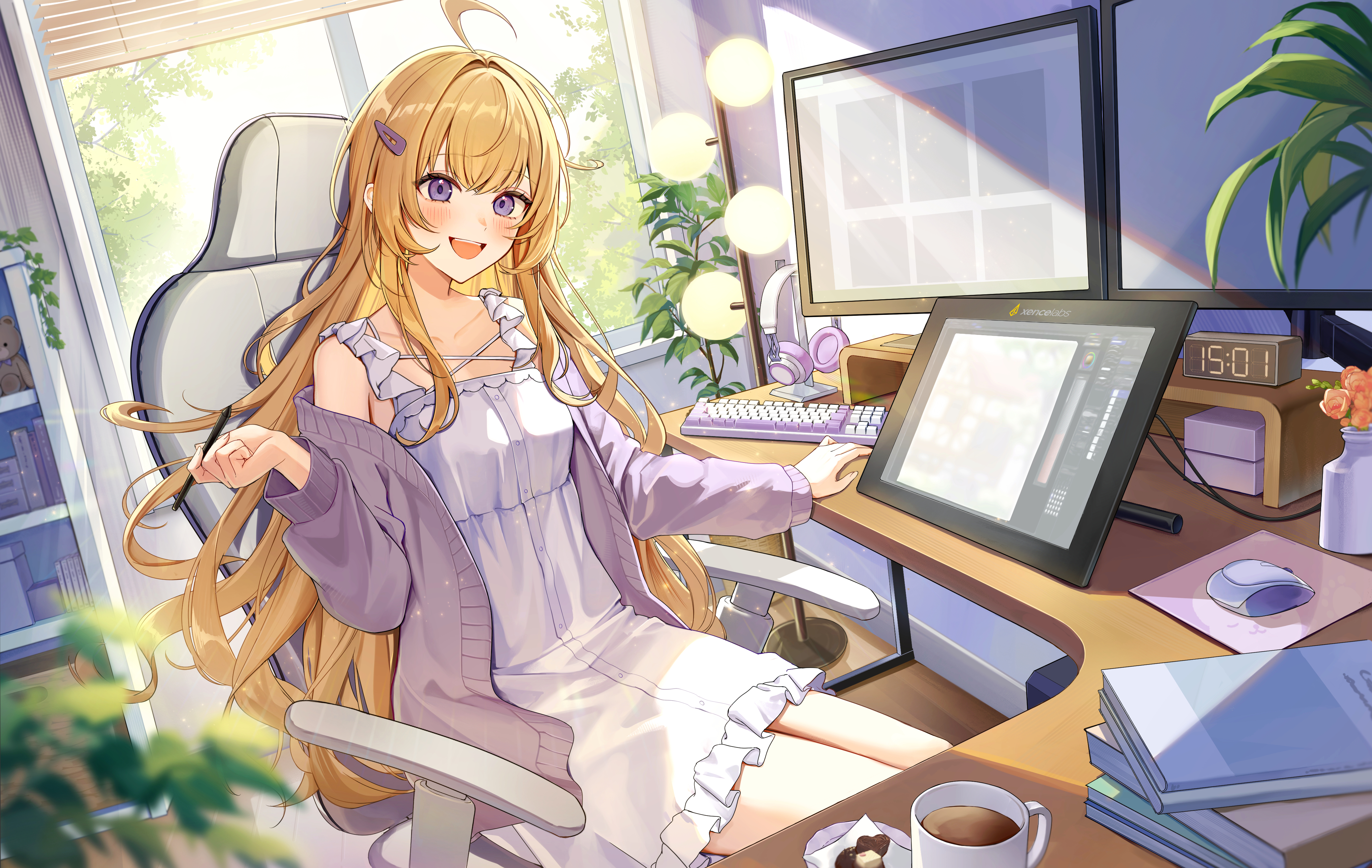 miyanami 3, original, absurdres, commentary request, highres, 1girl, :d, ahoge, bare shoulders, blonde hair, blurry, blurry foreground, blush, book, cardigan, chair, clock, coffee, computer keyboard, computer mouse, cowboy shot, cup, digital clock, drawing tablet, dress, flower, frilled dress, frills, hand up, headphones, indoors, long hair, long sleeves, monitor, mug, open cardigan, open clothes, open mouth, purple cardigan, purple eyes, sitting, sleeveless, sleeveless dress, smile, solo, vase, white dress