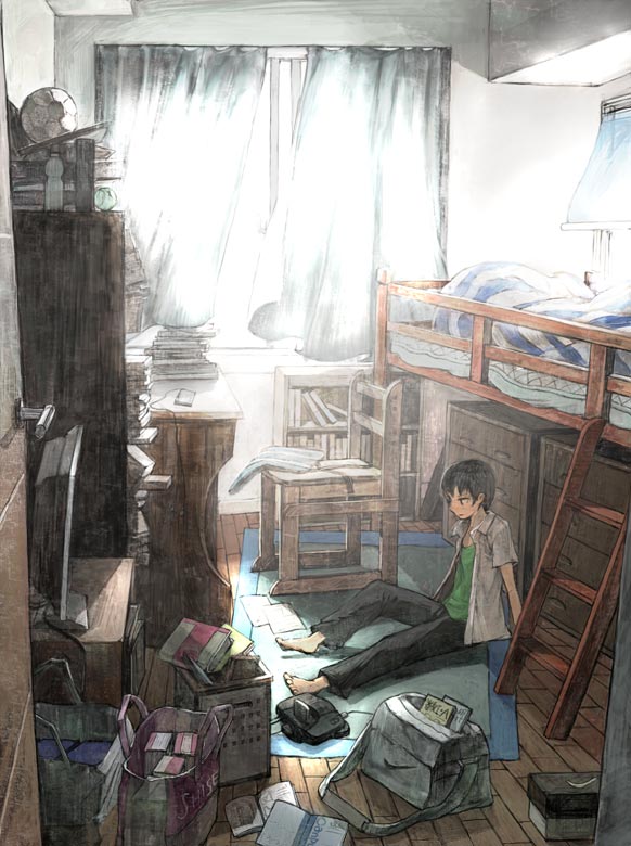 toyo, nike (company), nintendo, original, messy, 1boy, barefoot, bed, black hair, bunk bed, day, game console, indoors, male focus, nintendo 64, on floor, room, short hair, sitting, slice of life, solo, television