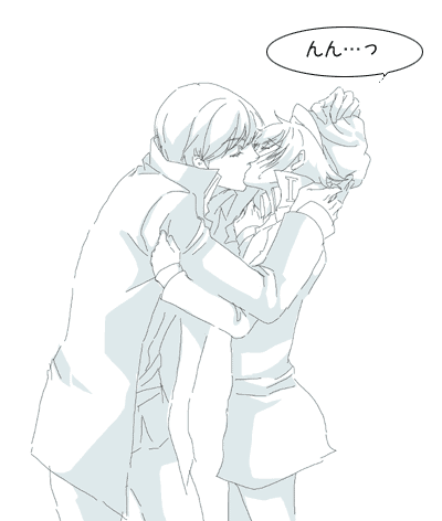 narukami yu, shirogane naoto, atlus, persona, persona 4, lowres, translation request, 1boy, 1girl, androgynous, aqua theme, blue theme, blush, closed eyes, comic, embarrassed, hat, hetero, kiss, monochrome, newsboy cap, reverse trap, school uniform