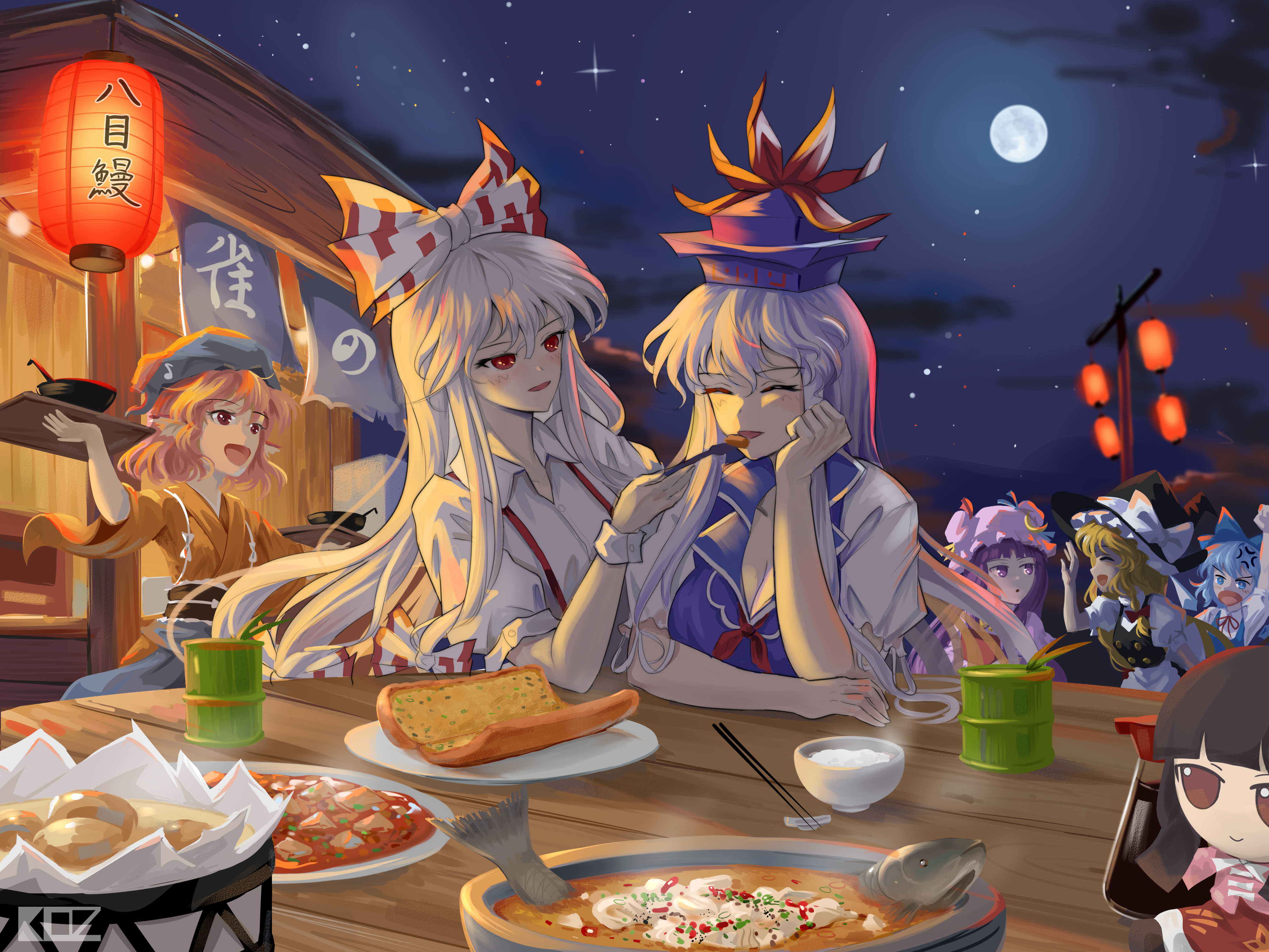 edz drawz, cirno, fujiwara no mokou, houraisan kaguya, kamishirasawa keine, kirisame marisa, mystia lorelei, patchouli knowledge, touhou, touhou mystia's izakaya, absurdres, food request, highres, translation request, 6+girls, anger vein, animal ears, apron, bamboo print, bird ears, black hair, blonde hair, blue bow, blue dress, blue eyes, blue hair, blue headscarf, blush, bow, braid, breasts, brown dress, brown kimono, chopsticks, cleavage, closed eyes, cloud, collar, collared dress, collared shirt, crescent, crescent hat ornament, detached wings, dress, fairy wings, feeding, food, food stand, from side, full moon, fumo (doll), hair bow, hair ribbon, hat, hat bow, hat ornament, headscarf, hime cut, holding, holding food, ice, ice wings, japanese clothes, kimono, lantern, long hair, long skirt, mob cap, moon, multiple girls, musical note, musical note print, neck ribbon, night, open mouth, outdoors, paper lantern, pink shirt, purple eyes, purple hair, red eyes, ribbon, shirt, short hair, short sleeves, side braid, single braid, sitting, skirt, smile, star (sky), suspenders, waist apron, white bow, white hair, white shirt, wide sleeves, wings, witch hat, yuri