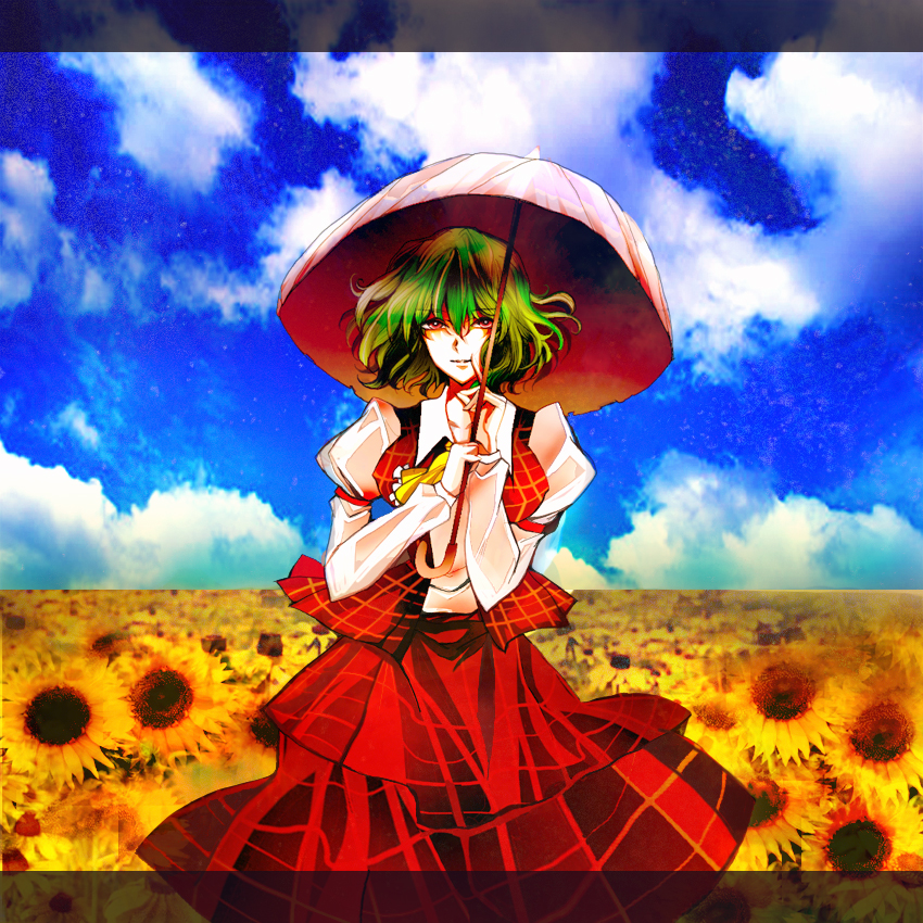 io (ginno tsuioku), kazami yuuka, touhou, bad id, bad pixiv id, 1girl, ascot, cloud, day, female focus, field, flower, flower field, green hair, nature, plaid clothes, plaid skirt, plaid vest, red eyes, short hair, skirt, skirt set, sky, smile, solo, sunflower, sunflower field, umbrella, vest