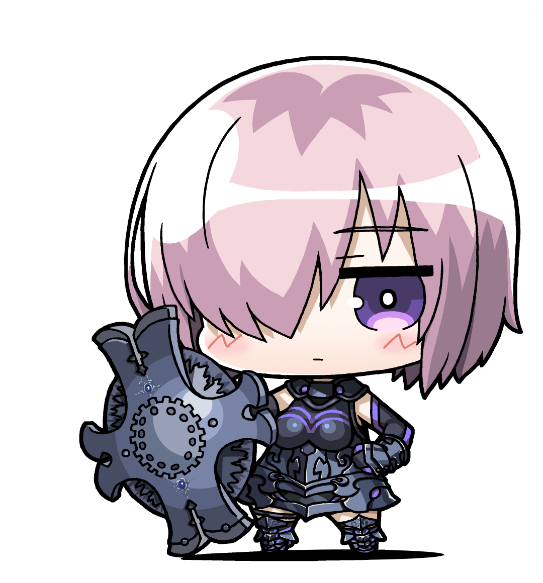 yagumo kengou, mash kyrielight, mash kyrielight (demi-servant), fate/grand order, fate (series), commentary request, 1girl, armor, black gloves, breasts, chibi, chibi only, closed mouth, elbow gloves, gloves, hair over one eye, holding, holding shield, looking at viewer, pink hair, purple eyes, shield, short hair, simple background, solo, standing, white background