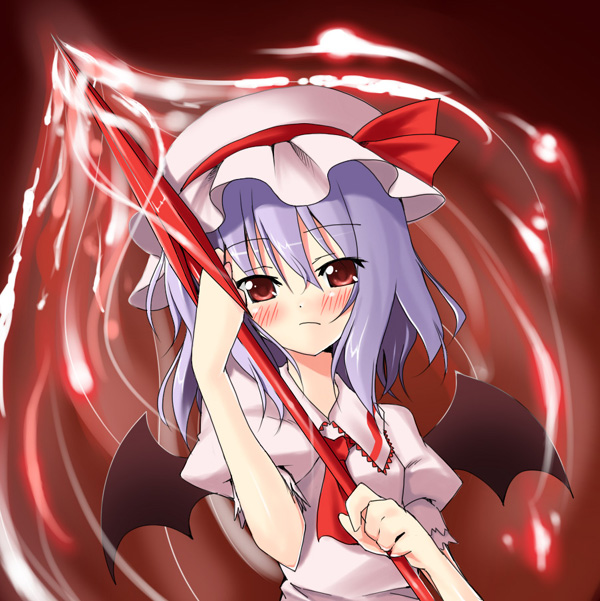piromizu, remilia scarlet, touhou, 1girl, bat wings, blush, bonnet, female focus, hat, purple hair, red eyes, short hair, solo, spear the gungnir, wings