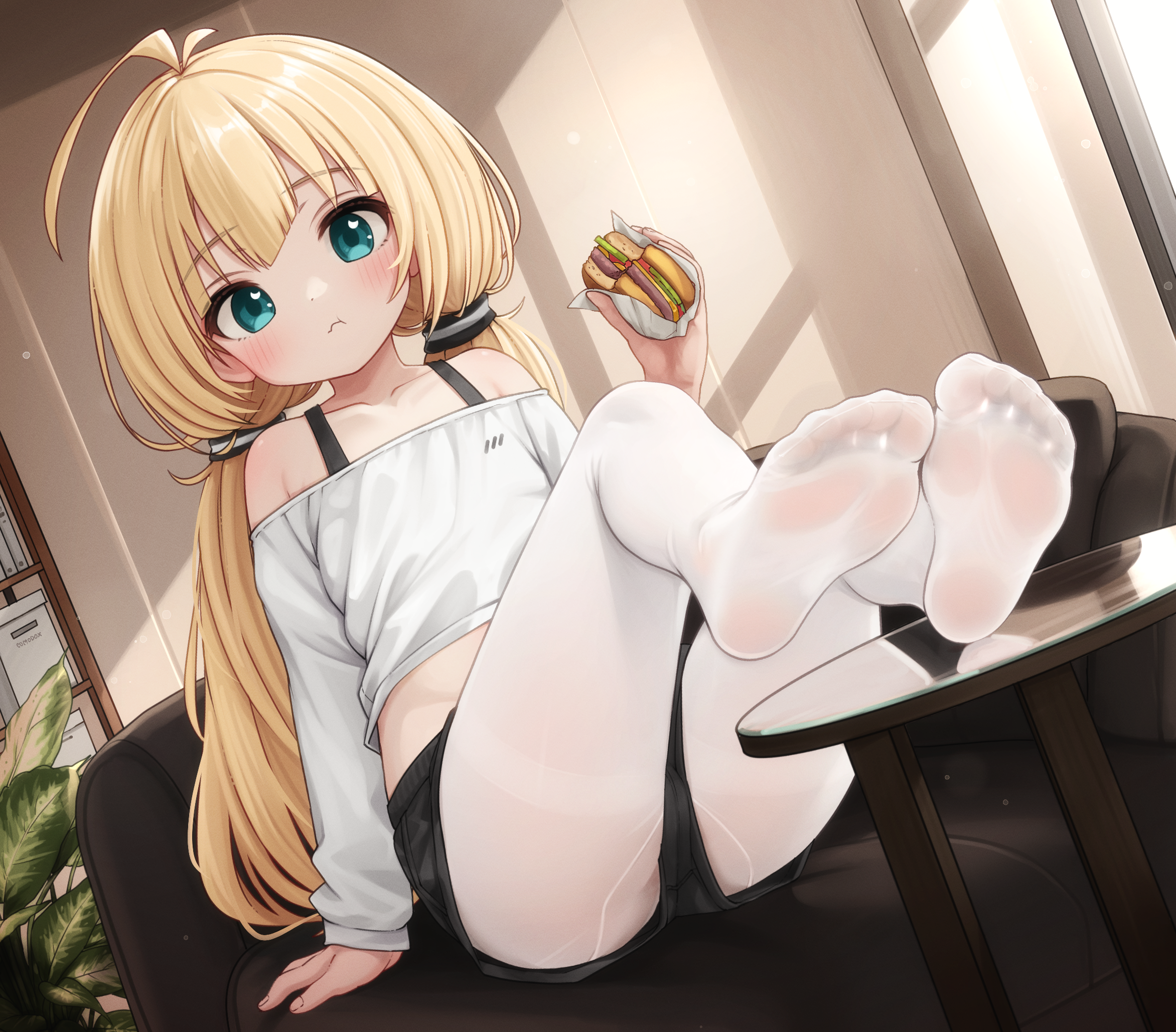 comodox, miu (comodox), original, commentary, english commentary, highres, 1girl, ahoge, black shorts, blonde hair, burger, chair, eating, feet, food, green eyes, indoors, legs, long hair, looking at viewer, low twintails, midriff, no shoes, pantyhose, pantyhose under shorts, shirt, short shorts, shorts, sitting, soles, solo, table, thighs, toes, twintails, white pantyhose, white shirt, window