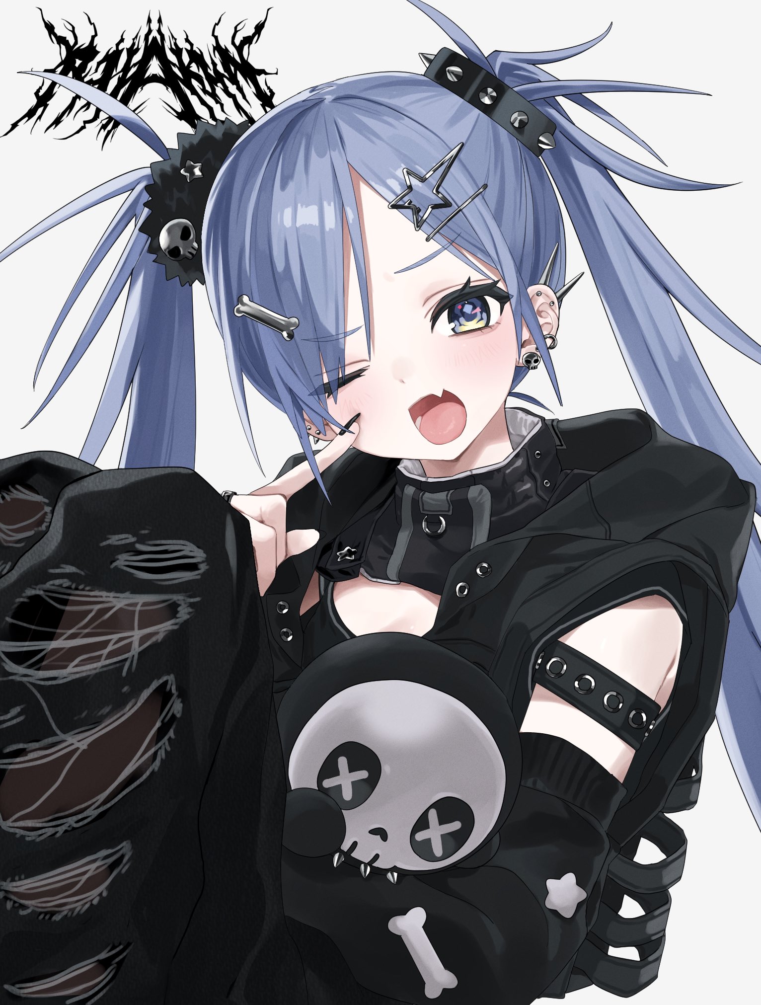 riia (riiakun), yano kuromu, vspo!, hashtag-only commentary, highres, 1girl, alternate costume, black pants, blue hair, bone hair ornament, collar, ear piercing, fang, hair ornament, hair scrunchie, hairclip, holding, holding stuffed toy, long hair, looking at viewer, nail polish, one eye closed, open mouth, pants, piercing, scrunchie, simple background, skin fang, solo, spiked collar, spikes, stuffed animal, stuffed toy, torn clothes, torn pants, twintails, virtual youtuber, white background, x hair ornament