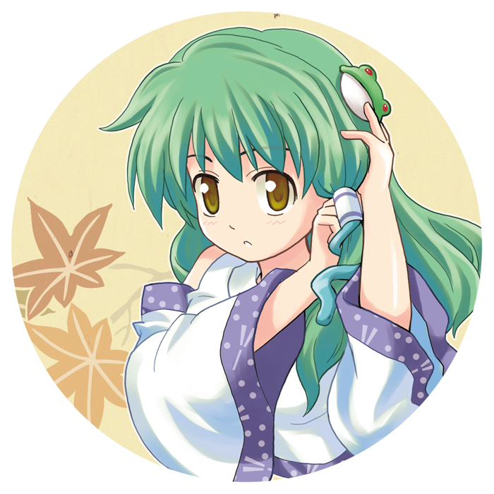 haniwa, haniwa (leaf garden), kochiya sanae, touhou, 1girl, adjusting hair, female focus, green hair, hair ornament, japanese clothes, leaf, long hair, solo, yellow eyes