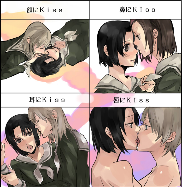 mochako (motyako), motyako, hasekura rei, mizuno youko, satou sei, torii eriko, maria-sama ga miteru, bad id, bad pixiv id, translated, 00s, 4girls, black eyes, black hair, blonde hair, blush, embarrassed, eye contact, kiss, kiss chart, looking at another, multiple drawing challenge, multiple girls, nude, ribbon, school uniform, serafuku, short hair, yuri