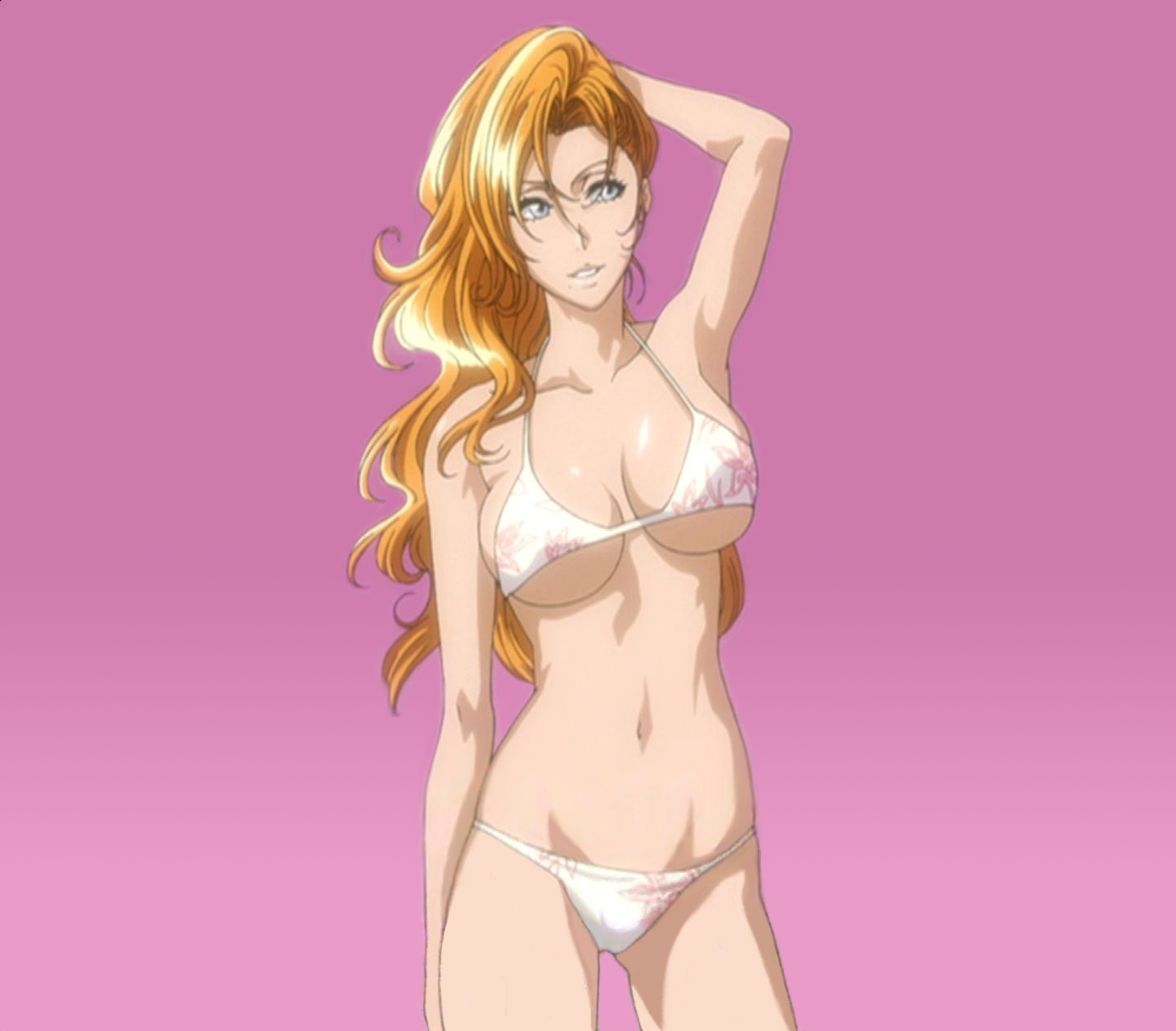 matsumoto rangiku, bleach, anime screenshot, highres, non-web source, 00s, 1girl, bikini, blue eyes, breasts, female focus, large breasts, long hair, orange hair, simple background, smile, solo, swimsuit