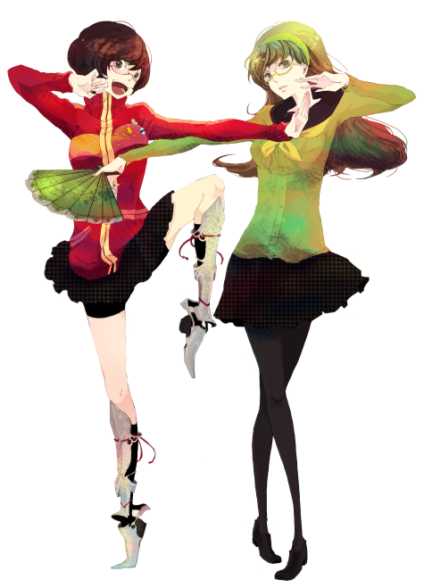 amagi yukiko, satonaka chie, atlus, persona, persona 4, alternate color, alternate costume, alternate hair color, alternate hairstyle, bike shorts, fusion, glasses, green eyes, green hair, hairband, hairstyle switch, hand fan, jacket, long hair, panties, pantyhose, red eyes, red hair, role reversal, school uniform, short hair, simple background, skirt, smile, underwear