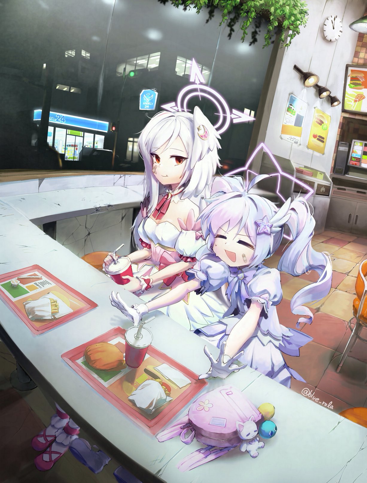 blue rola, reisa (blue archive), reisa (magical) (blue archive), suzumi (blue archive), suzumi (magical) (blue archive), blue archive, commentary, highres, symbol-only commentary, 2girls, bandaid, bandaid on face, burger, closed eyes, convenience store, cup, disposable cup, drinking straw, fast food, food, food wrapper, french fries, halo, magical girl, multiple girls, night, official alternate costume, restaurant, shop