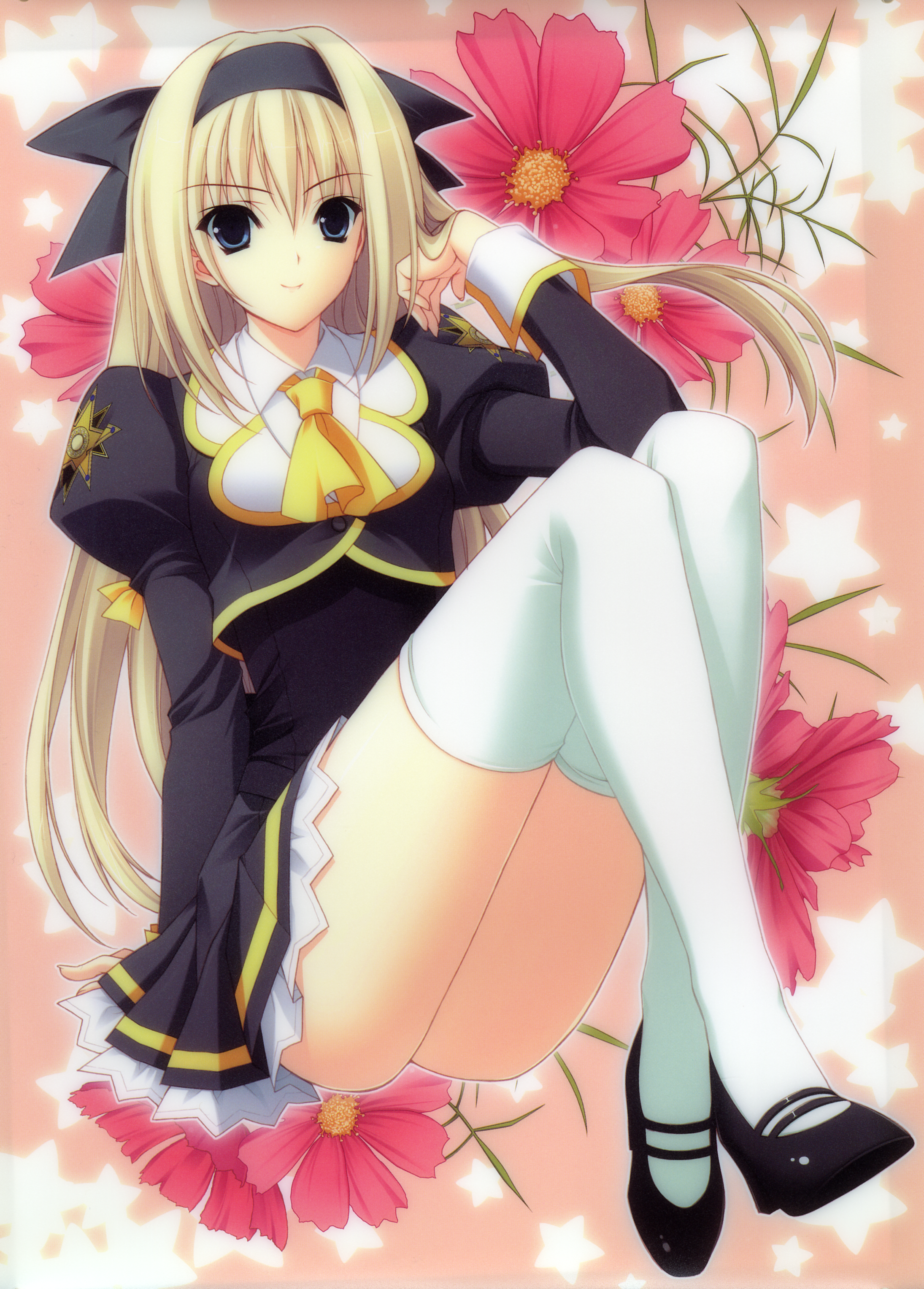 suzuhira hiro, kanou seia, stellar theater, absurdres, highres, 1girl, blonde hair, blue eyes, bow, female focus, flower, hair bow, long hair, looking at viewer, smile, solo, star (symbol), star symbol background, thighhighs, white thighhighs, zettai ryouiki
