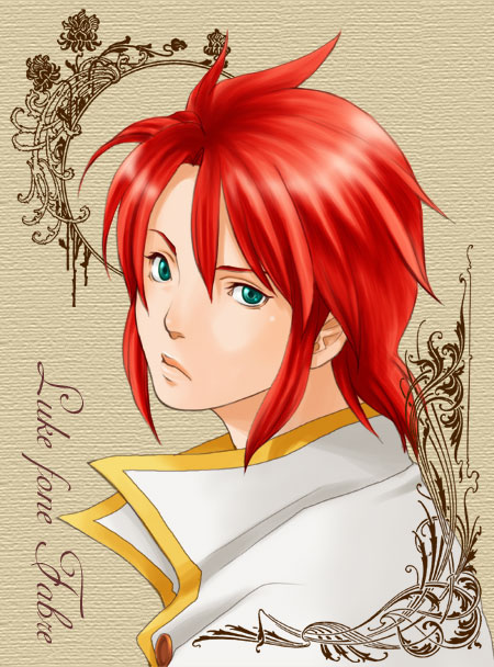 luke fon fabre, namco, tales of (series), tales of the abyss, 00s, green eyes, male focus, red hair, simple background