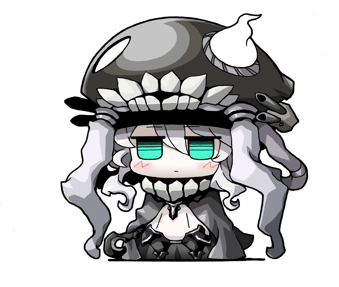 yagumo kengou, wo-class aircraft carrier, kantai collection, commentary request, 1girl, abyssal ship, aqua eyes, black hat, blush, cane, cape, chibi, closed mouth, grey cape, hair between eyes, hat, holding, holding cane, pale skin, simple background, solo, standing, tentacles, white background, white hair
