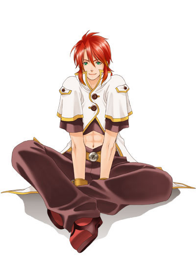 wrong direction, luke fon fabre, namco, tales of (series), tales of the abyss, 00s, green eyes, male focus, red hair, simple background