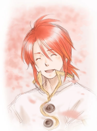 wrong direction, luke fon fabre, namco, tales of (series), tales of the abyss, 00s, blush, male focus, open mouth, red hair, simple background