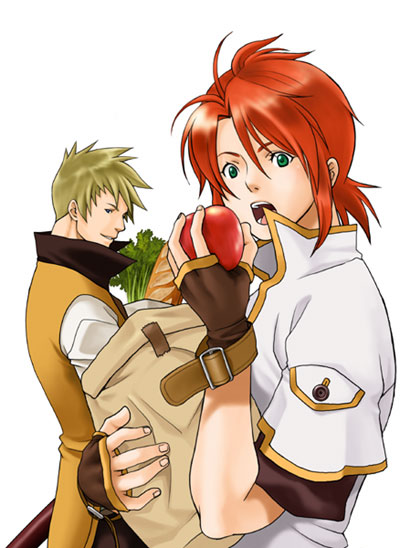wrong direction, luke fon fabre, namco, tales of (series), tales of the abyss, 00s, apple, blonde hair, food, fruit, green eyes, male focus, open mouth, red hair, simple background