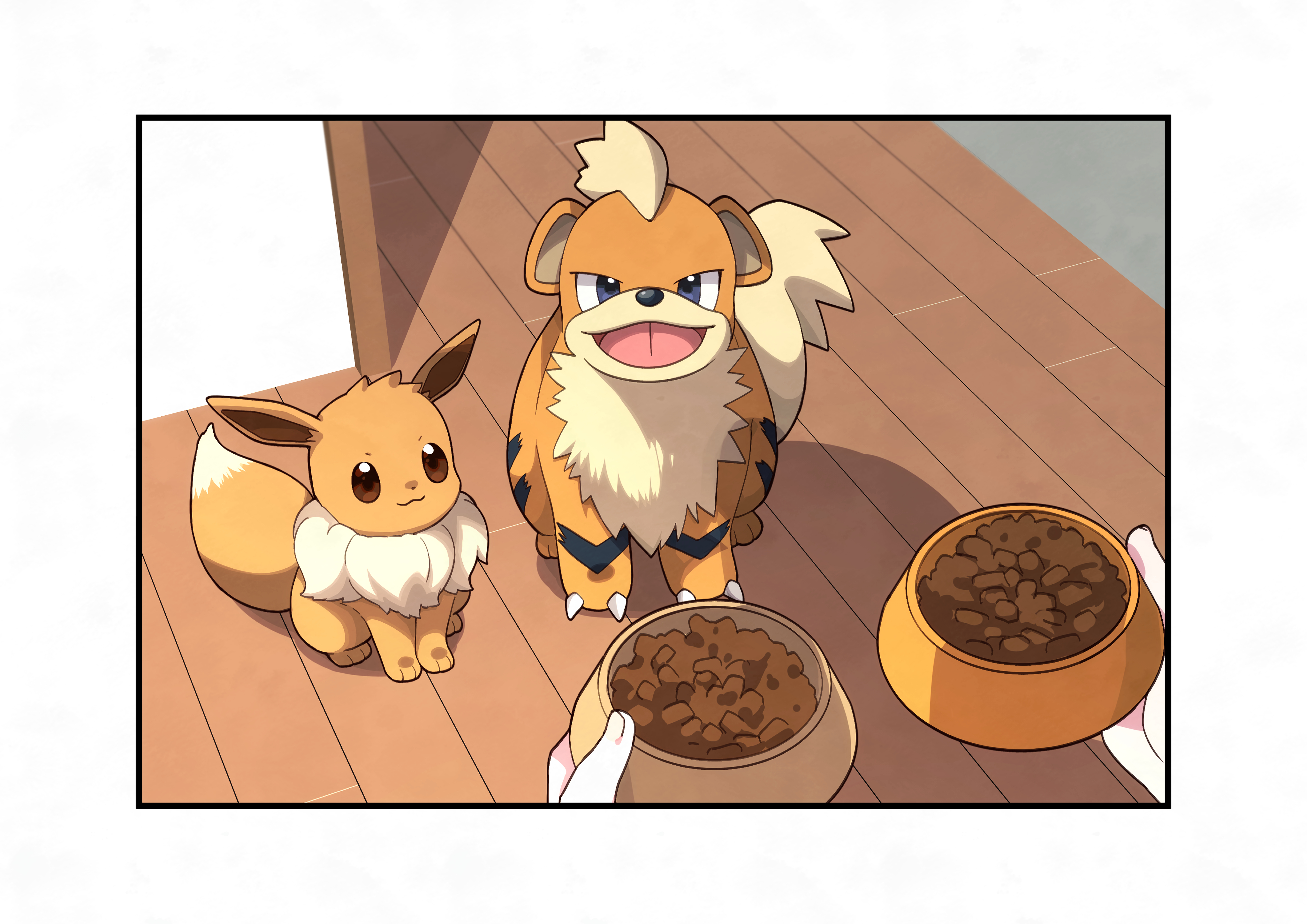 yamada sakura, eevee, growlithe, nintendo, pokemon, absurdres, hashtag-only commentary, highres, 1other, :3, :d, blue eyes, border, bowl, brown eyes, brown fur, closed mouth, gen 1 pokemon, holding, holding bowl, looking at viewer, neck fur, open mouth, pet bowl, pokemon (creature), pokemon focus, smile, tongue, white border