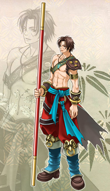 wrong direction, kilik (soulcalibur), namco, soul calibur, soulcalibur, soulcalibur iii, 1boy, brown hair, male focus, solo, staff, zoom layer