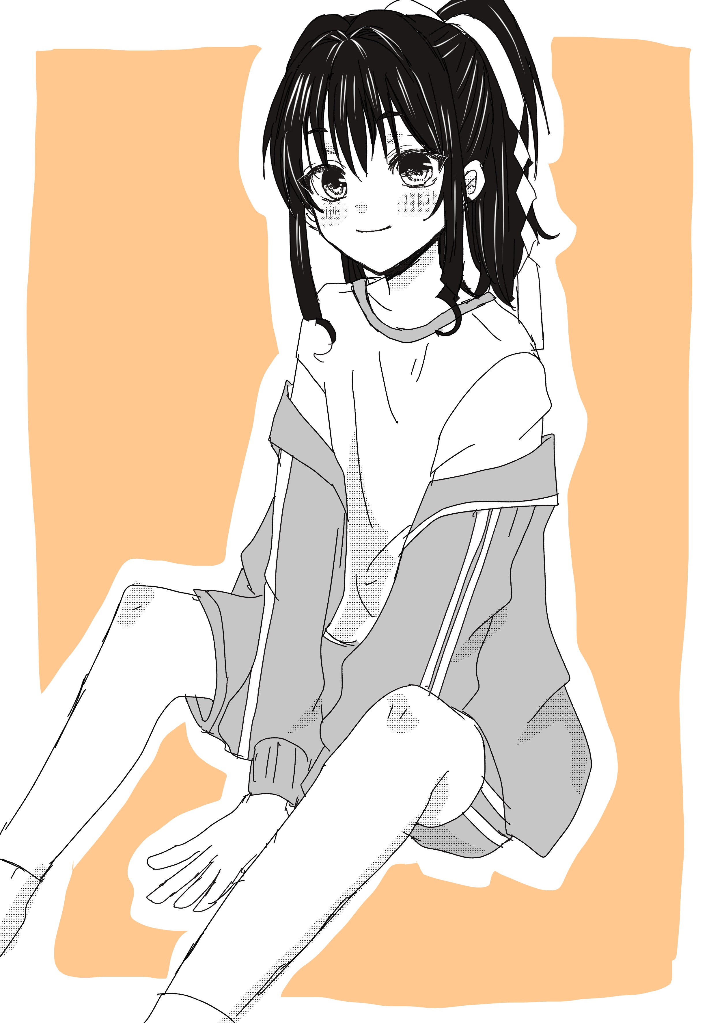 houjou tokiyuki (nige jouzu no wakagimi), nige jouzu no wakagimi, absurdres, commentary request, highres, 1boy, alternate costume, androgynous, ankle socks, between legs, black hair, blush, border, closed mouth, curly sidelocks, feet out of frame, hair between eyes, hair intakes, hand between legs, jacket, knees up, long hair, long sleeves, looking at viewer, off shoulder, orange background, outline, ponytail, shiko0505, shirt, shorts, sitting, smile, socks, spot color, track jacket, white border, white outline, white shirt, white socks