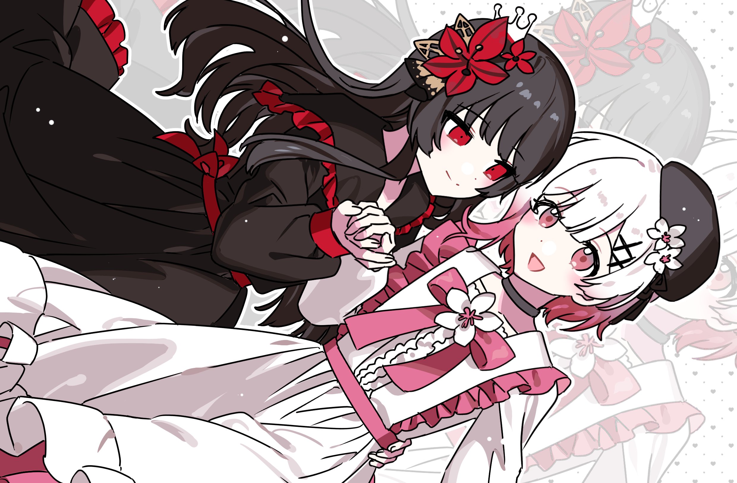 habsida (habsida hpy), nikaido hiro, sakuraba ema, mahou shoujo no majo saiban, commentary request, commission, highres, korean commentary, second-party source, 2girls, alternate costume, beret, black choker, black dress, black hair, black hat, cherry blossoms, choker, closed mouth, collared dress, dress, dutch angle, flower, frilled dress, frills, gradient hair, hair flower, hair ornament, hat, holding hands, long hair, long sleeves, looking at another, multicolored hair, multiple girls, neck ribbon, open mouth, pink eyes, pink hair, red eyes, red flower, ribbon, short hair, smile, standing, white background, white dress, white flower, white hair, x hair ornament, zoom layer