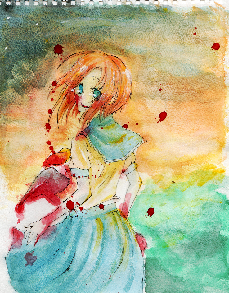 nanafushi, ryuuguu rena, higurashi no naku koro ni, bad id, bad pixiv id, traditional media, 00s, 1girl, billhook, blood, blue eyes, female focus, hashitsuki nata, hatchet, nata (tool), orange hair, school uniform, serafuku, short hair, solo