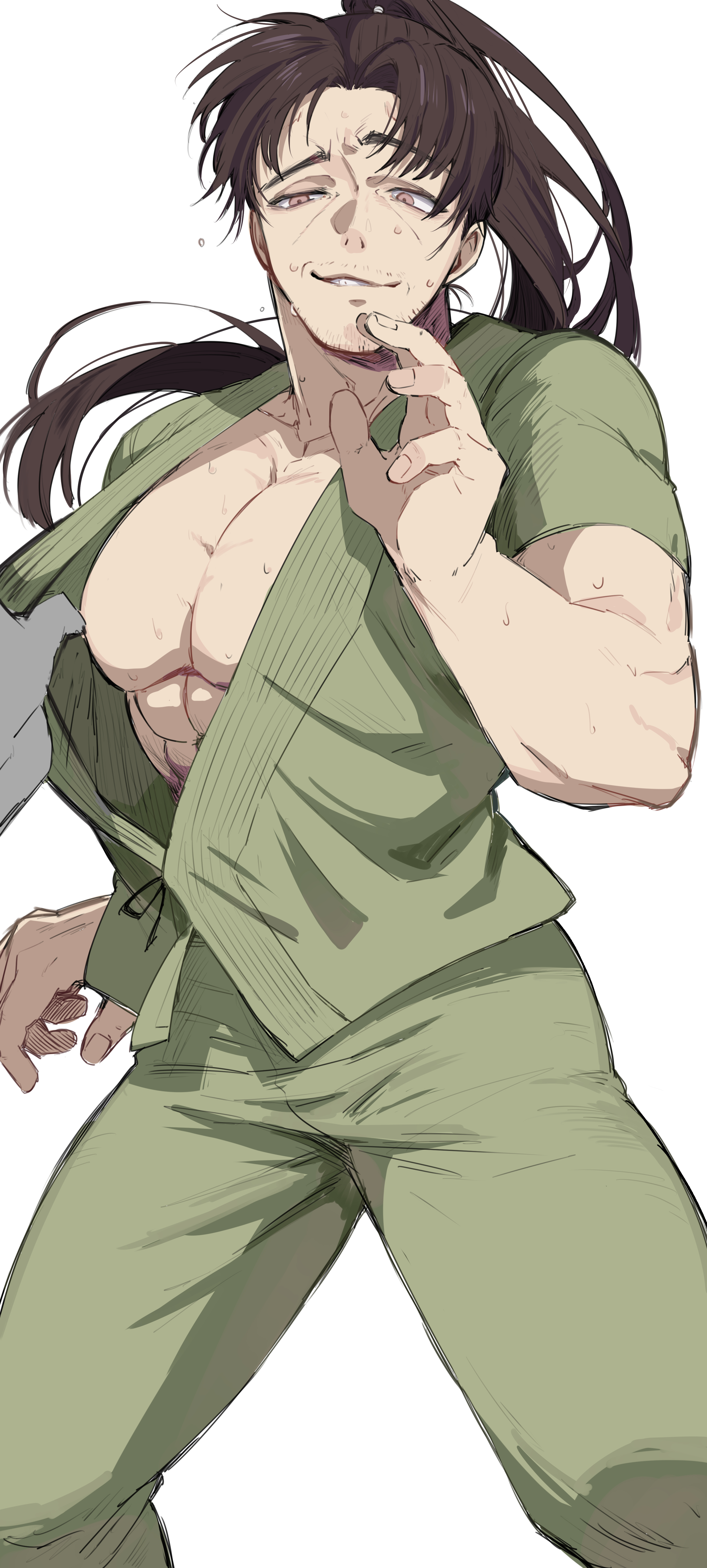 nekoma hikaru, kengan (series), kengan ashura, absurdres, commentary request, highres, 1boy, abs, adam's apple, bara, brown hair, clothes pull, facial hair, feet out of frame, green pants, green shirt, hatsumi sen, long hair, male focus, muscular, muscular male, mustache stubble, pants, pectorals, ponytail, shirt, shirt pull, short sleeves, simple background, solo, solo focus, sparse stubble, standing, stubble, white background
