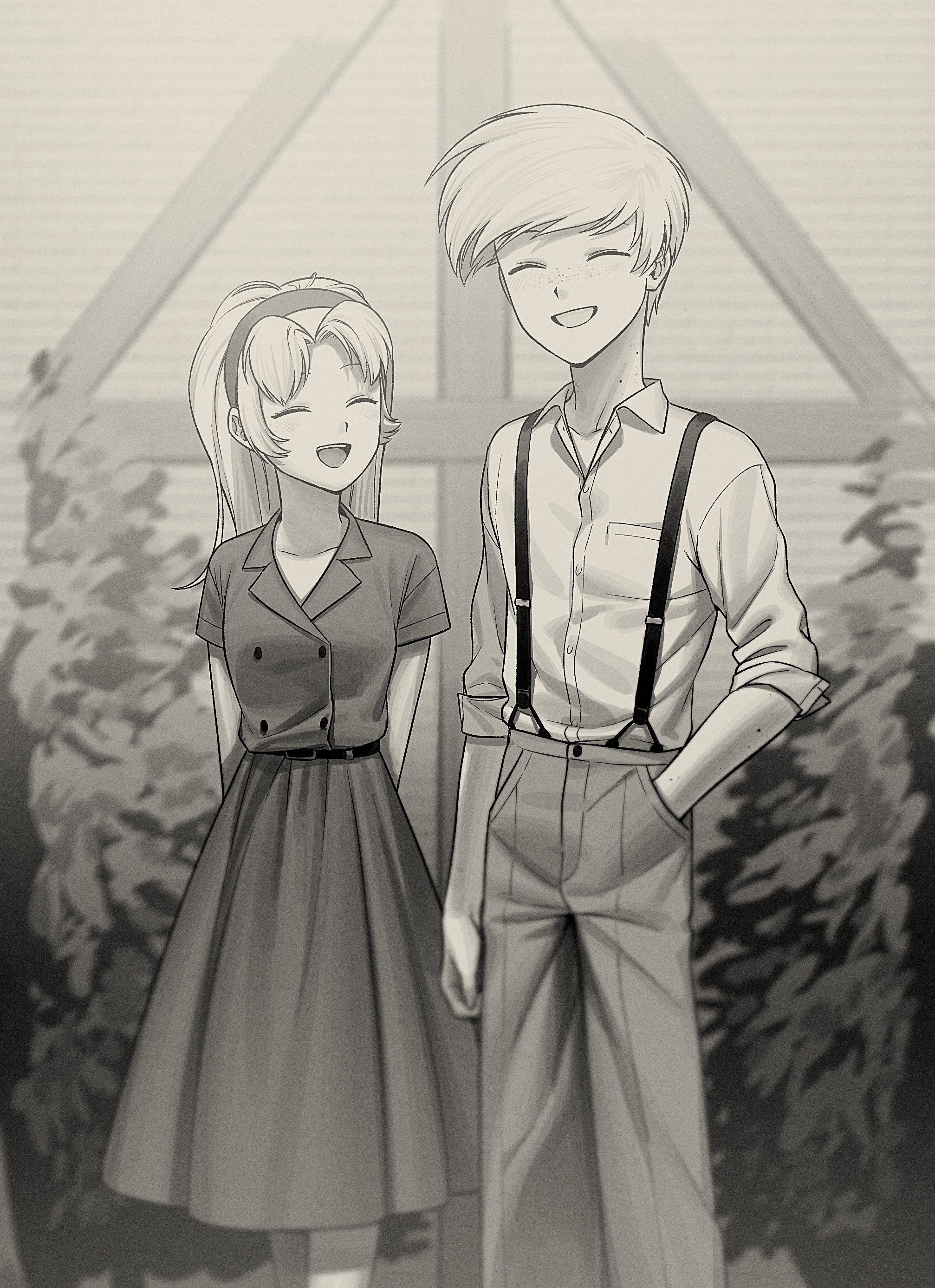 menma (enaic31), angel dust, molly (hazbin hotel), hazbin hotel, hellaverse, absurdres, commentary request, highres, 1boy, 1girl, :d, ^ ^, arms behind back, blurry, blurry background, breasts, brother and sister, buttons, closed eyes, collarbone, collared jacket, collared shirt, cowboy shot, denim, depth of field, double-breasted, facing another, film grain, freckles, greyscale, grin, hair behind ear, hairband, hand in pocket, height difference, jacket, jeans, long hair, medium skirt, monochrome, open mouth, outdoors, pants, parted bangs, plant, shirt, short hair, short sleeves, siblings, skirt, small breasts, smile, standing, suspenders, swept bangs, teeth, three-quarter sleeves, tongue, twins, upper teeth only, very short hair