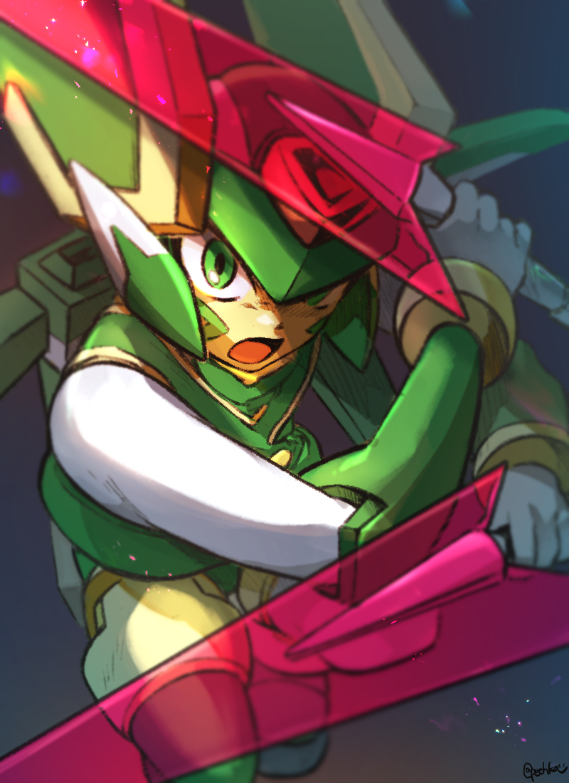 pechka, sage harpuia (mega man), mega man (series), commentary request, 1boy, dual wielding, gloves, green eyes, green helmet, grey background, helmet, holding, holding sword, holding weapon, light particles, looking at viewer, male focus, open mouth, solo, sword, twitter username, weapon, white gloves