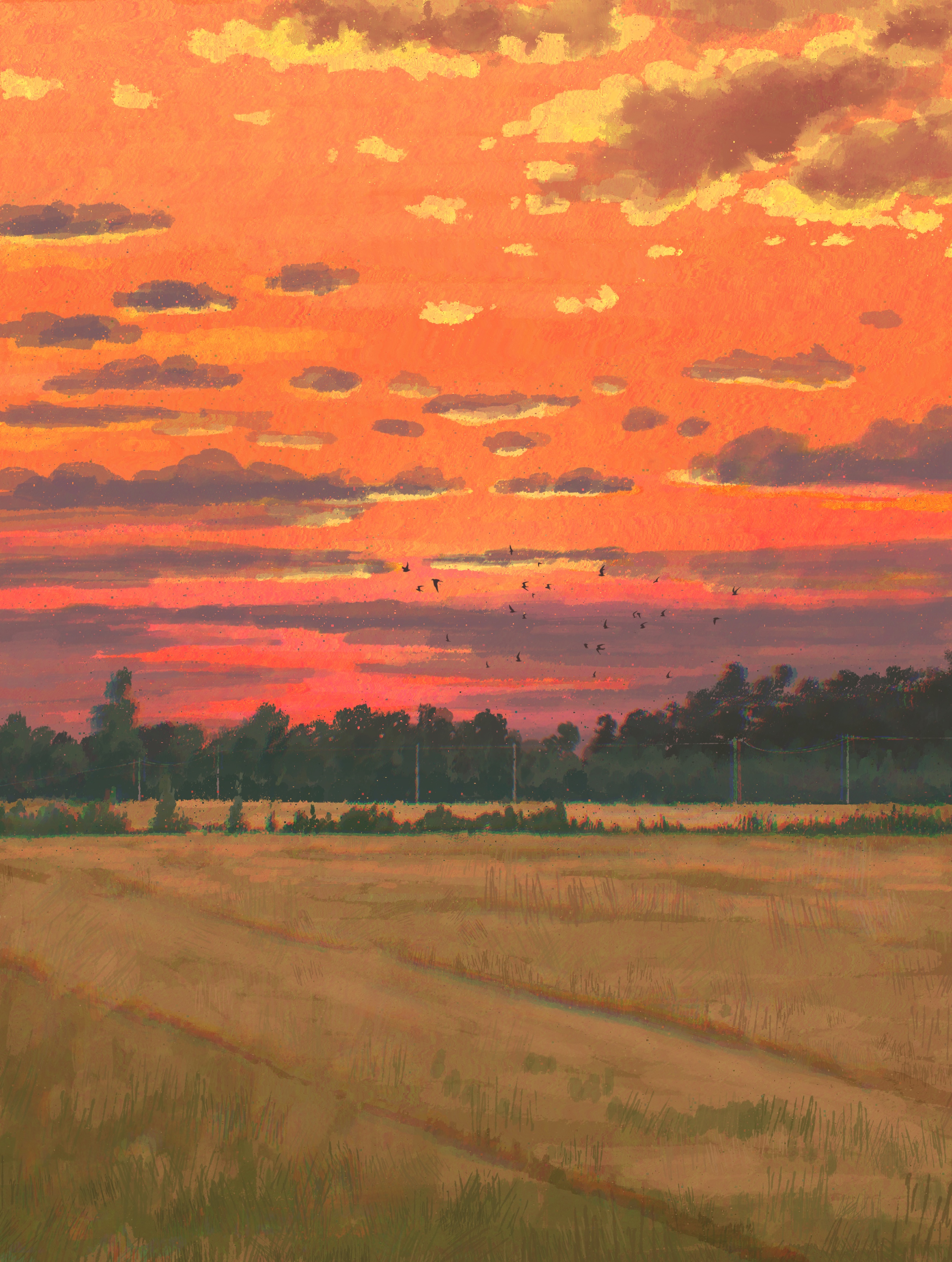 fangpeii, original, absurdres, commentary request, highres, chromatic aberration, cloud, cloudy sky, evening, field, flock, forest, nature, no humans, orange skirt, outdoors, power lines, scenery, simple bird, skirt, sky, sky focus